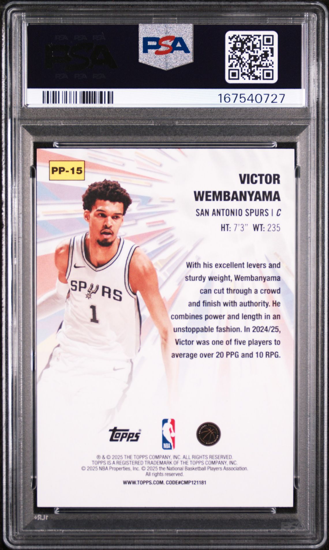 2025 Topps Power Players Victor Wembanyama #Pp-15 (Power Players-Holo Foil) Gem Mt 10 back view - PSA certificate #167540727