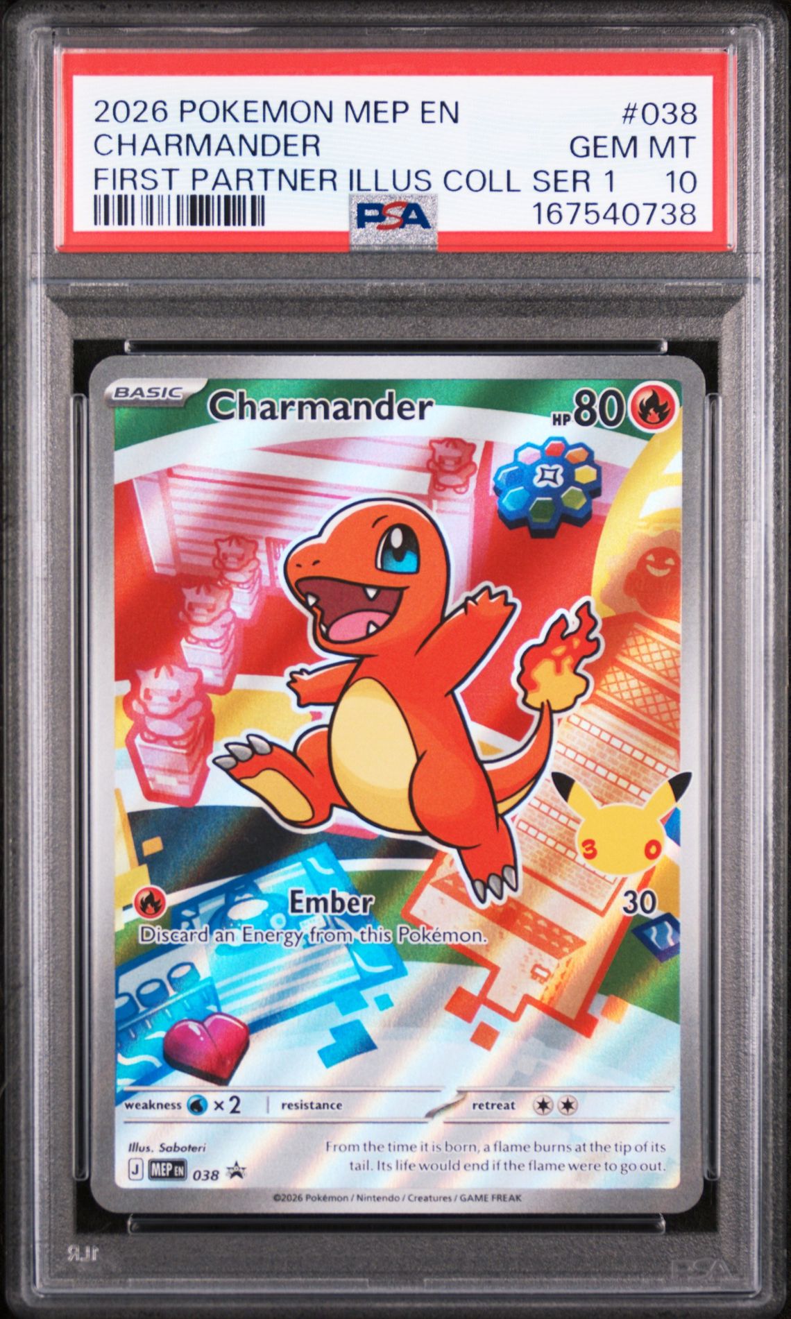 2026 Pokemon Mep En-Me Black Star Promo Charmander #038 (First Partner Illus Coll Ser 1) Gem Mt 10 front view - PSA graded GEM MT 10