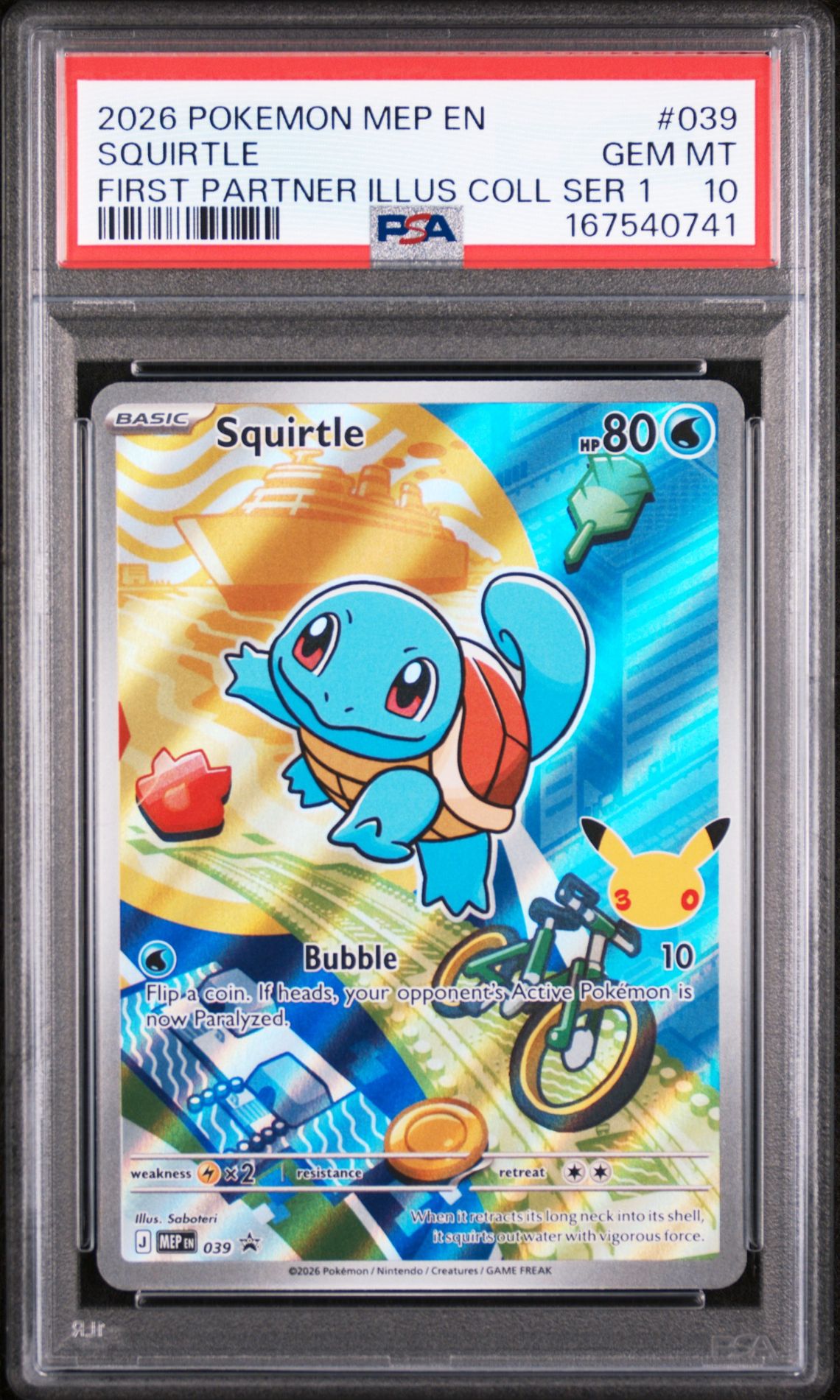2026 Pokemon Mep En-Me Black Star Promo Squirtle #039 (First Partner Illus Coll Ser 1) Gem Mt 10 front view - PSA graded GEM MT 10