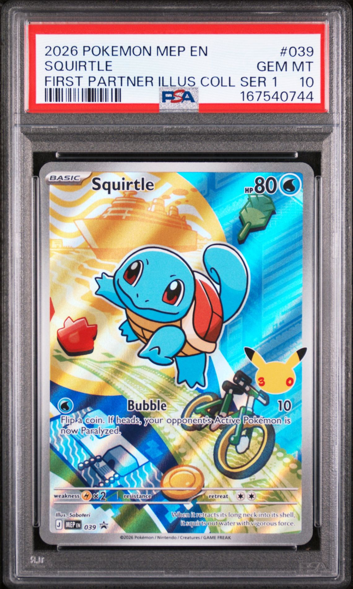 2026 Pokemon Mep En-Me Black Star Promo Squirtle #039 (First Partner Illus Coll Ser 1) Gem Mt 10 front view - PSA graded GEM MT 10