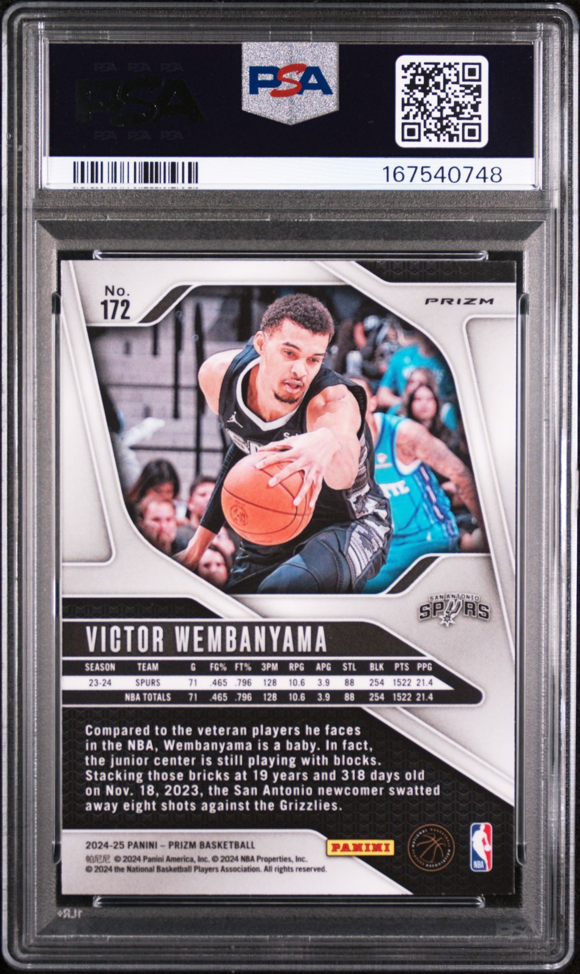 2024 PANINI PRIZM VICTOR WEMBANYAMA SILVER PRIZM 172 GEM MT 10 back