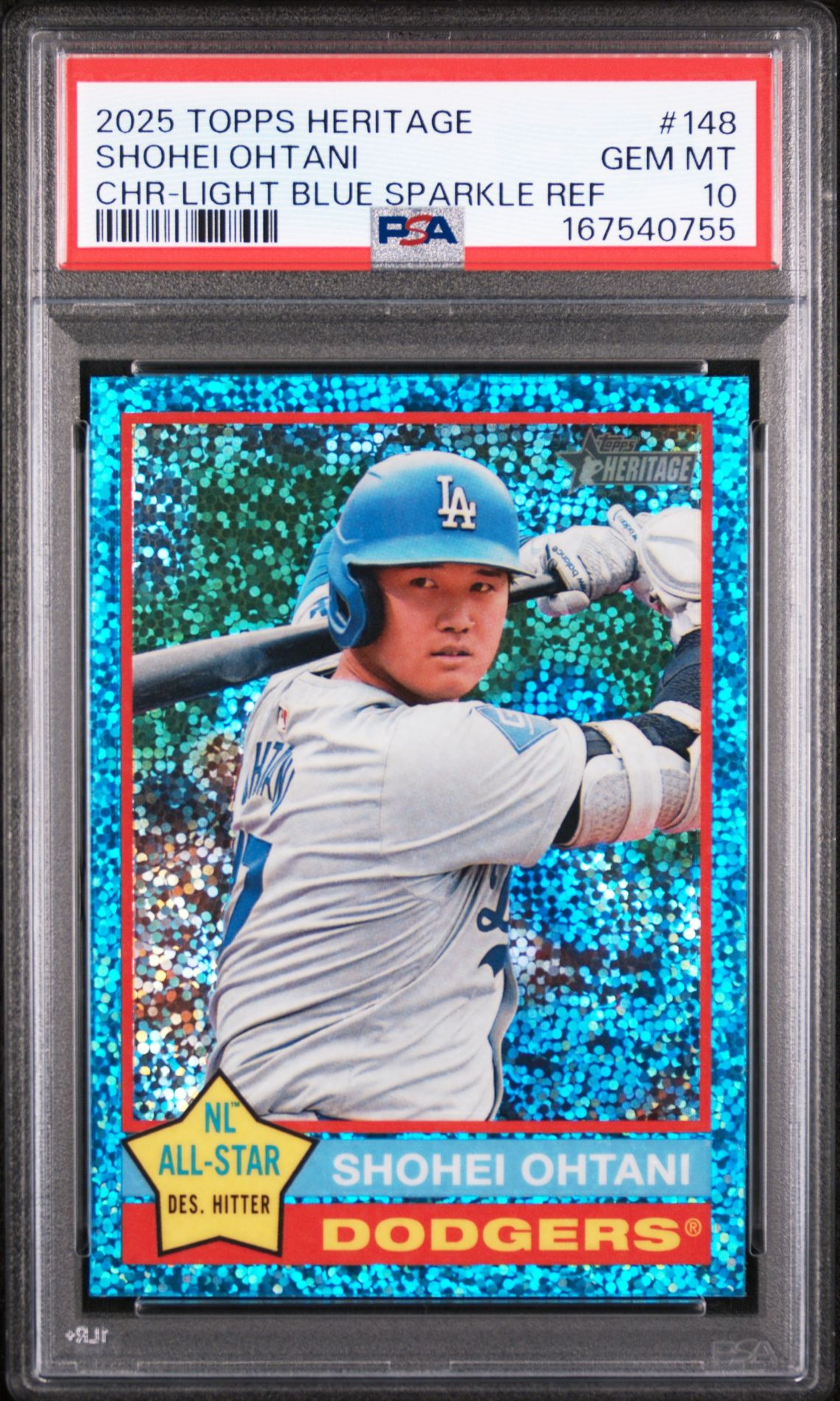 2025 TOPPS HERITAGE SHOHEI OHTANI CHR-LIGHT BLUE SPARKLE REF 148 GEM MT 10 front