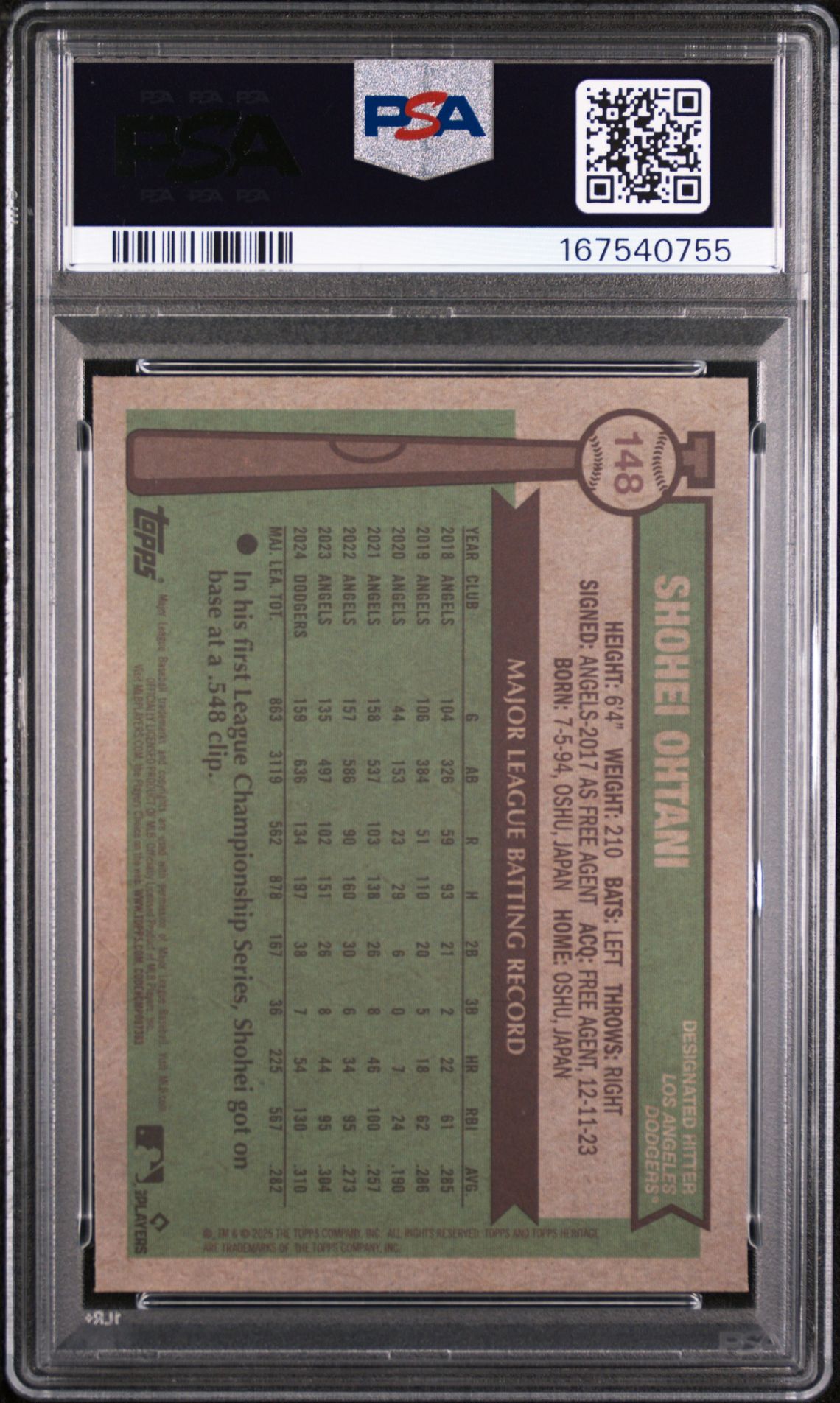2025 TOPPS HERITAGE SHOHEI OHTANI CHR-LIGHT BLUE SPARKLE REF 148 GEM MT 10 back