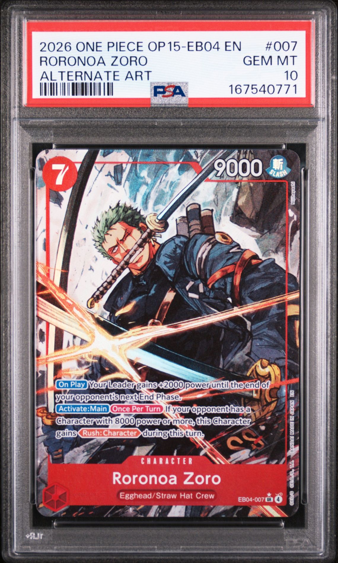 2026 One Piece Op15-Eb04-Adventure On Kami's Island Roronoa Zoro #007 (Alternate Art) Gem Mt 10 front