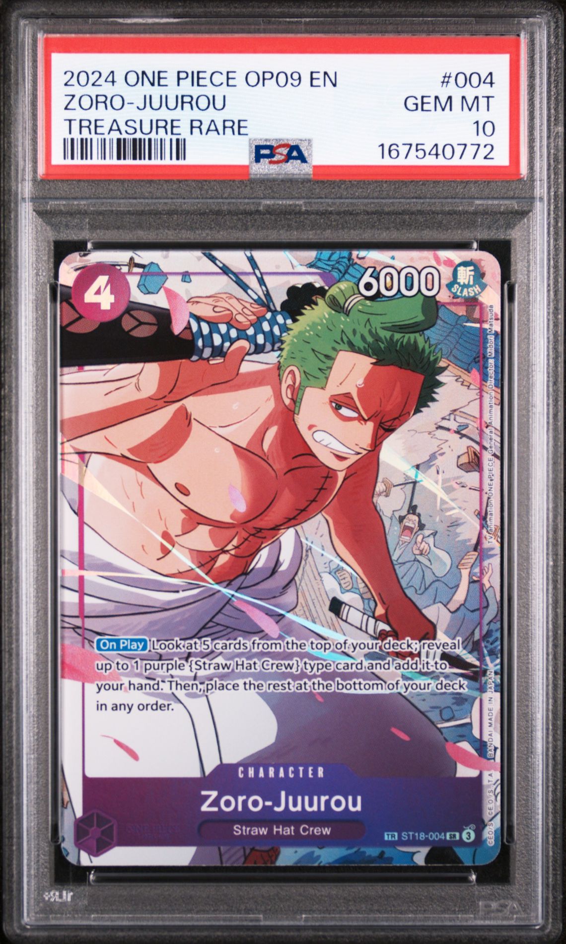 2024 One Piece Op09-Emperors In The New World Zoro-Juurou #004 (Treasure Rare) Gem Mt 10 front view - PSA graded GEM MT 10