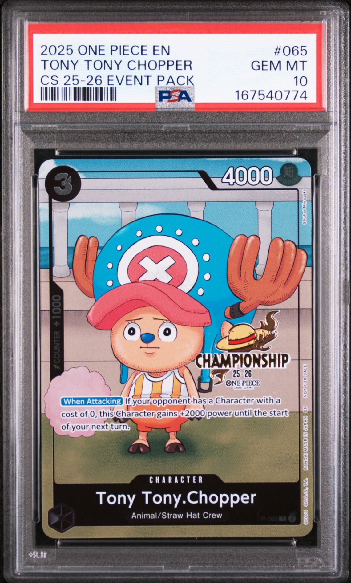 2025 One Piece Championship 2025-26 Event Pack Tony Tony Chopper #065 Gem Mt 10 front view - PSA graded GEM MT 10