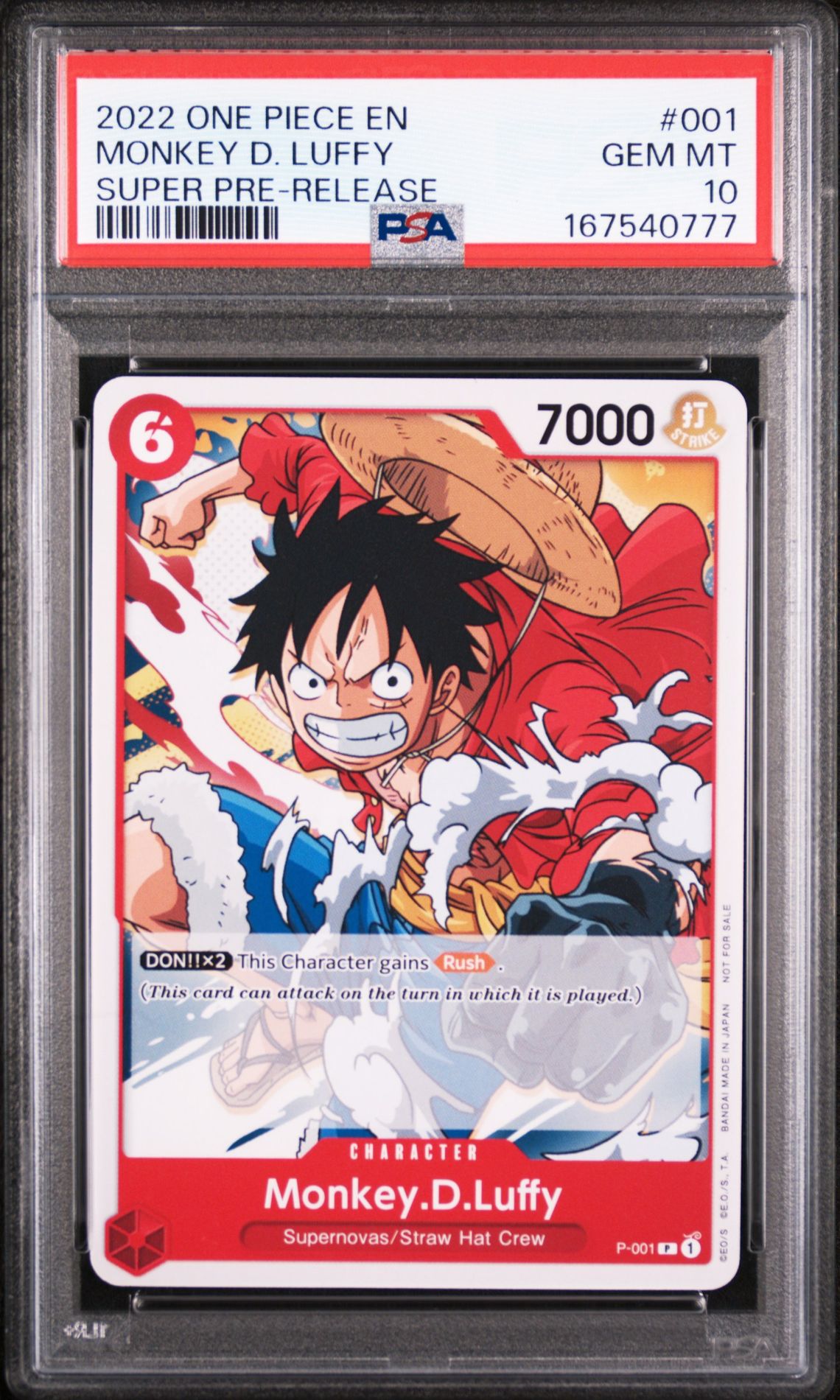 2022 One Piece Promos Monkey D. Luffy #001 (Super Pre-Release) Gem Mt 10 front view - PSA graded GEM MT 10