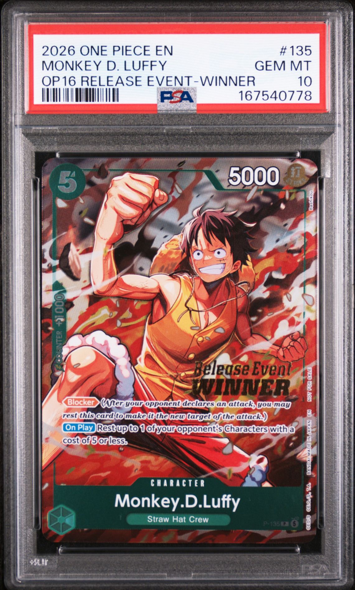 2026 One Piece Promos Monkey D. Luffy #135 (Op16 Release Event-Winner) Gem Mt 10 front view - PSA graded GEM MT 10
