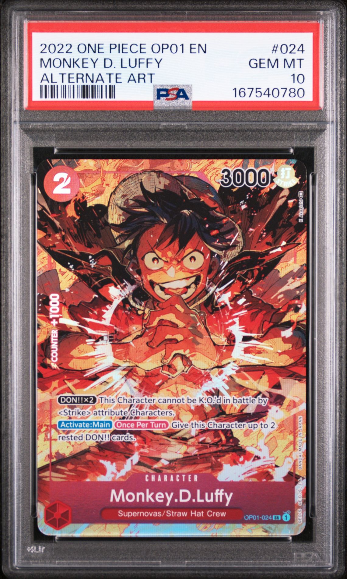 2022 One Piece Op01-Romance Dawn Monkey D. Luffy #024 (Alternate Art) Gem Mt 10 front view - PSA graded GEM MT 10