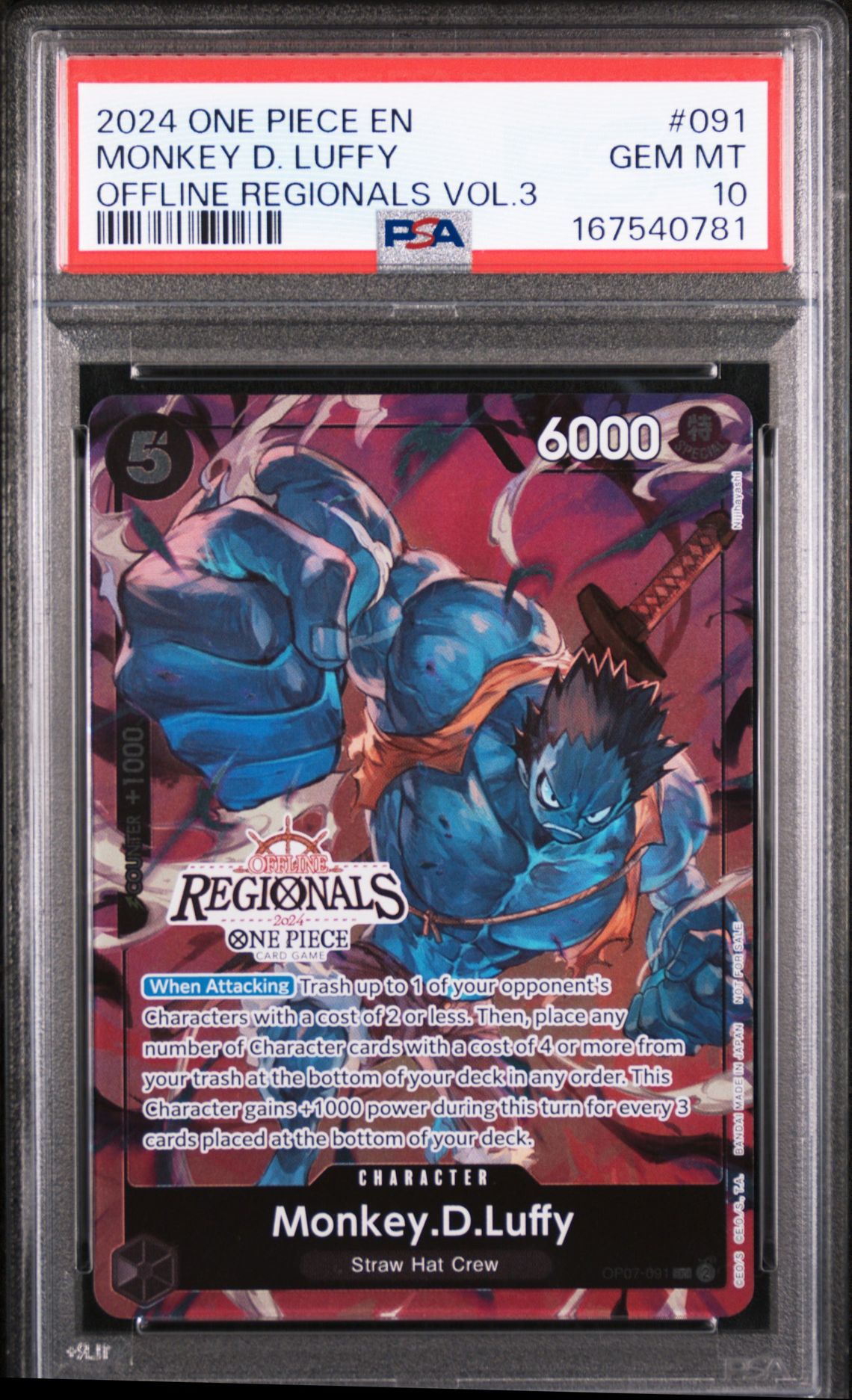 2024 One Piece Offline Regionals Pack 2024 Vol.3 Monkey D. Luffy #091 Gem Mt 10 front view - PSA graded GEM MT 10