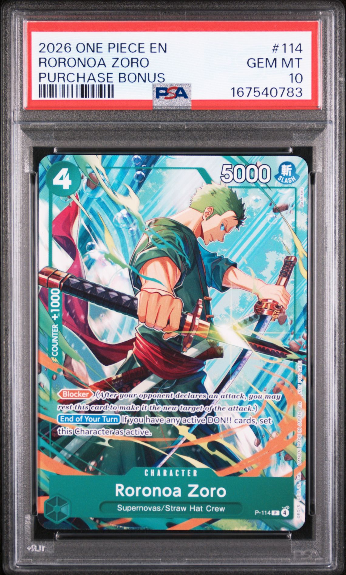2026 One Piece Promos Roronoa Zoro #114 (Purchase Bonus) Gem Mt 10 front view - PSA graded GEM MT 10