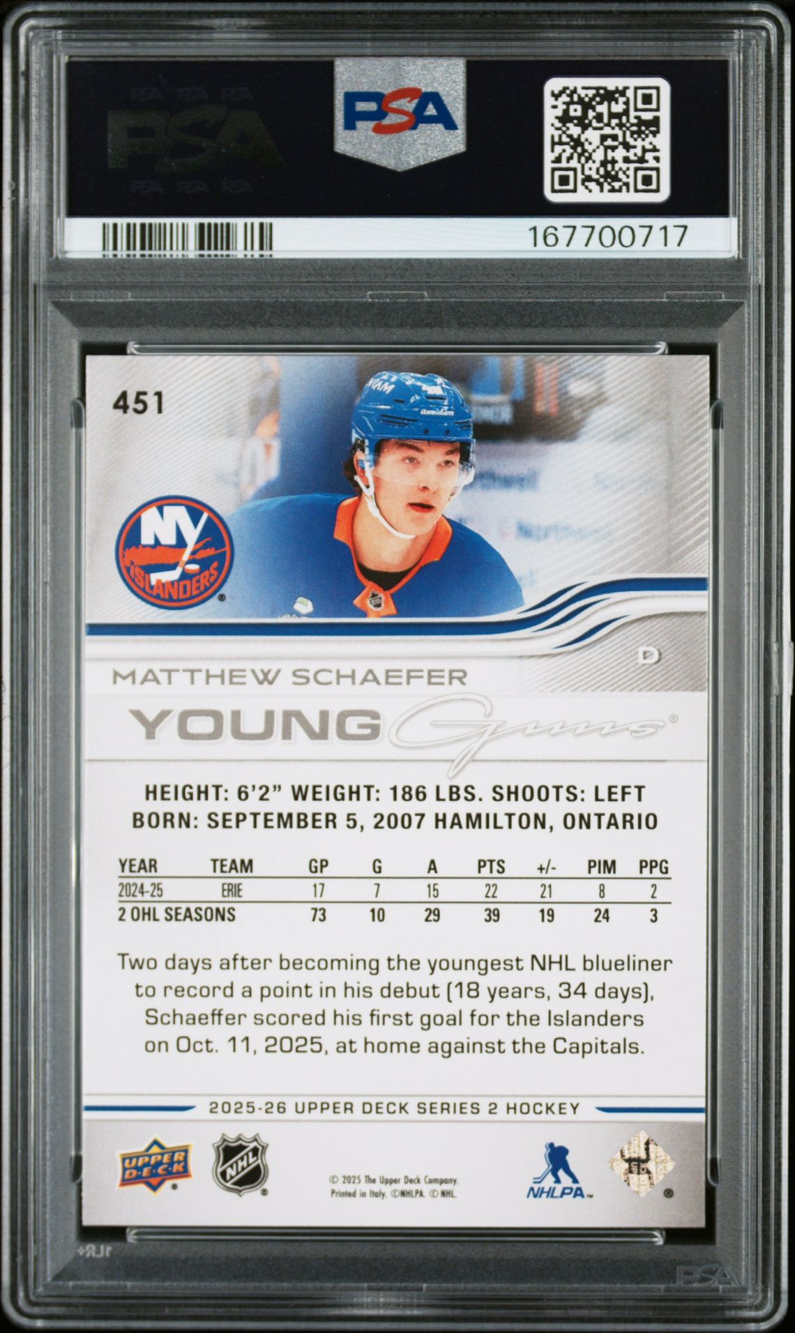 2025 Upper Deck Matthew Schaefer #451 Mint 9 back