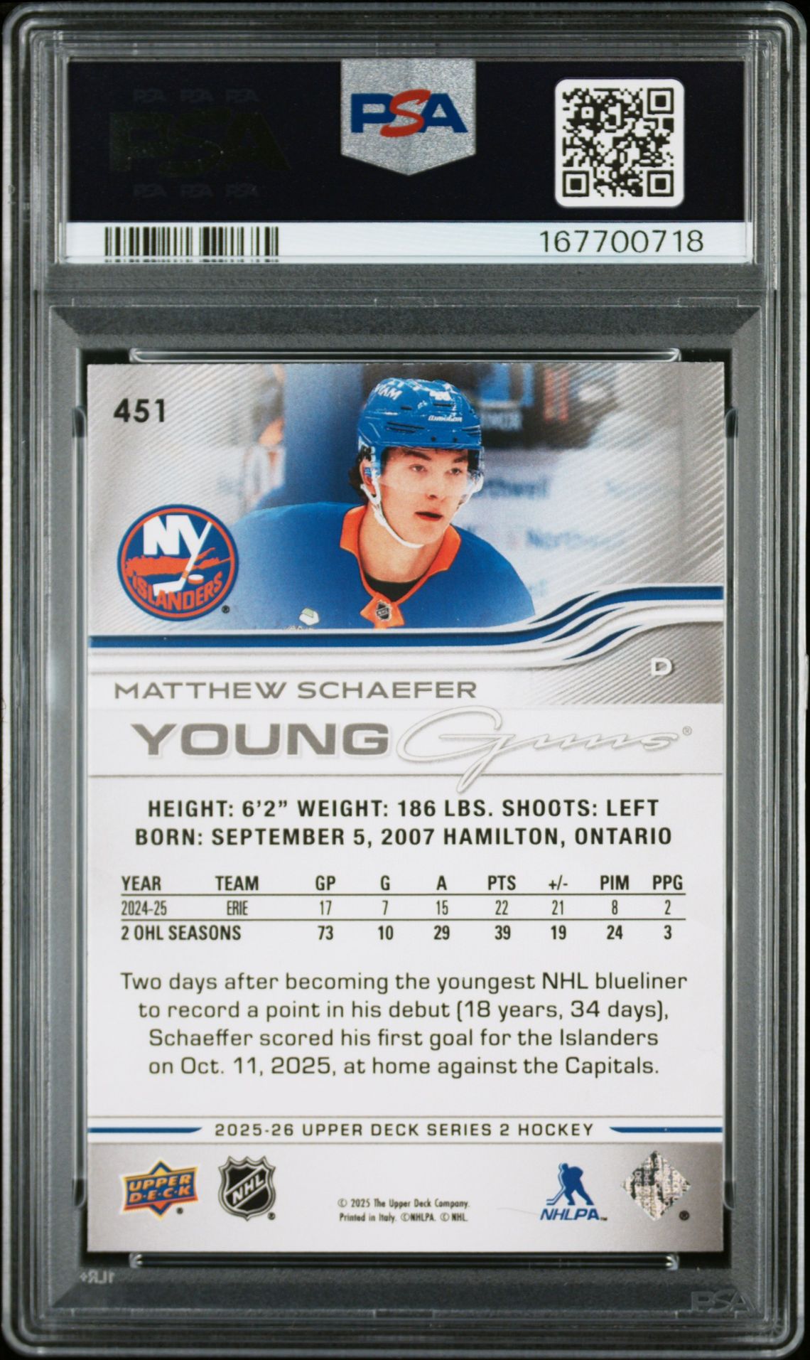 2025 Upper Deck Matthew Schaefer #451 Gem Mt 10 back view - PSA certificate #167700718