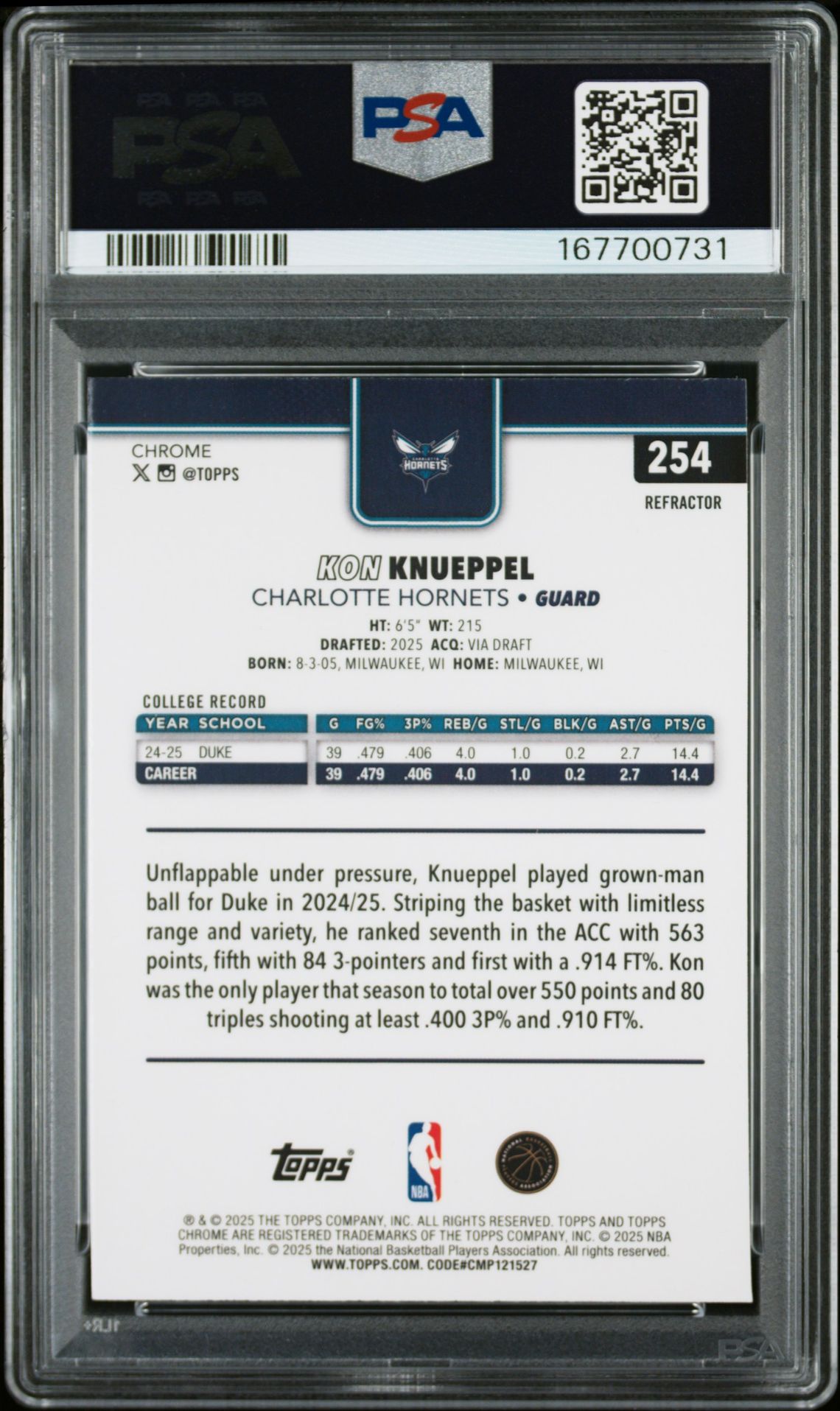 2025 Topps Chrome Kon Knueppel #254 (Refractor) Mint 9 back