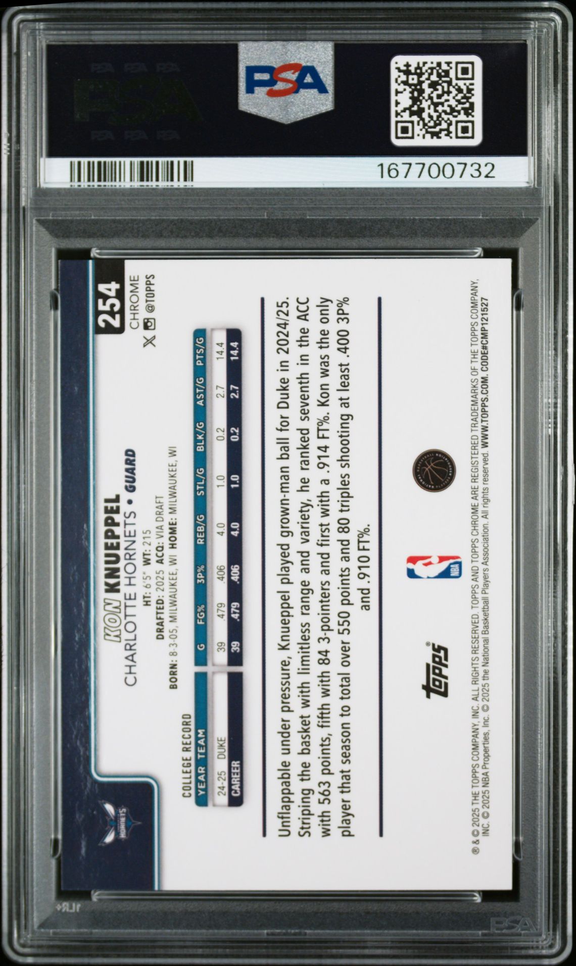 2025 Topps Chrome Kon Knueppel #254 (Image Variation) Mint 9 back