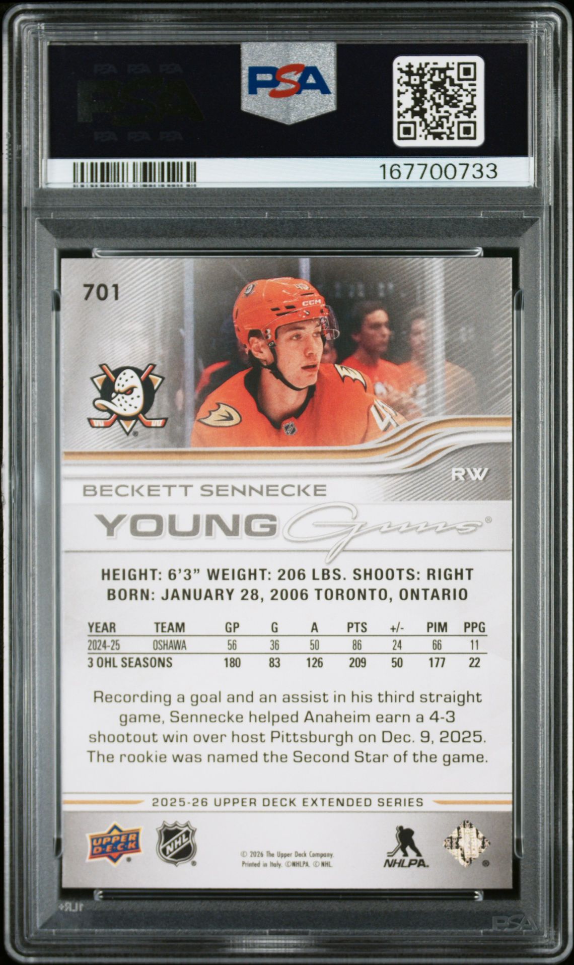2025 Upper Deck Beckett Sennecke #701 Mint 9 back