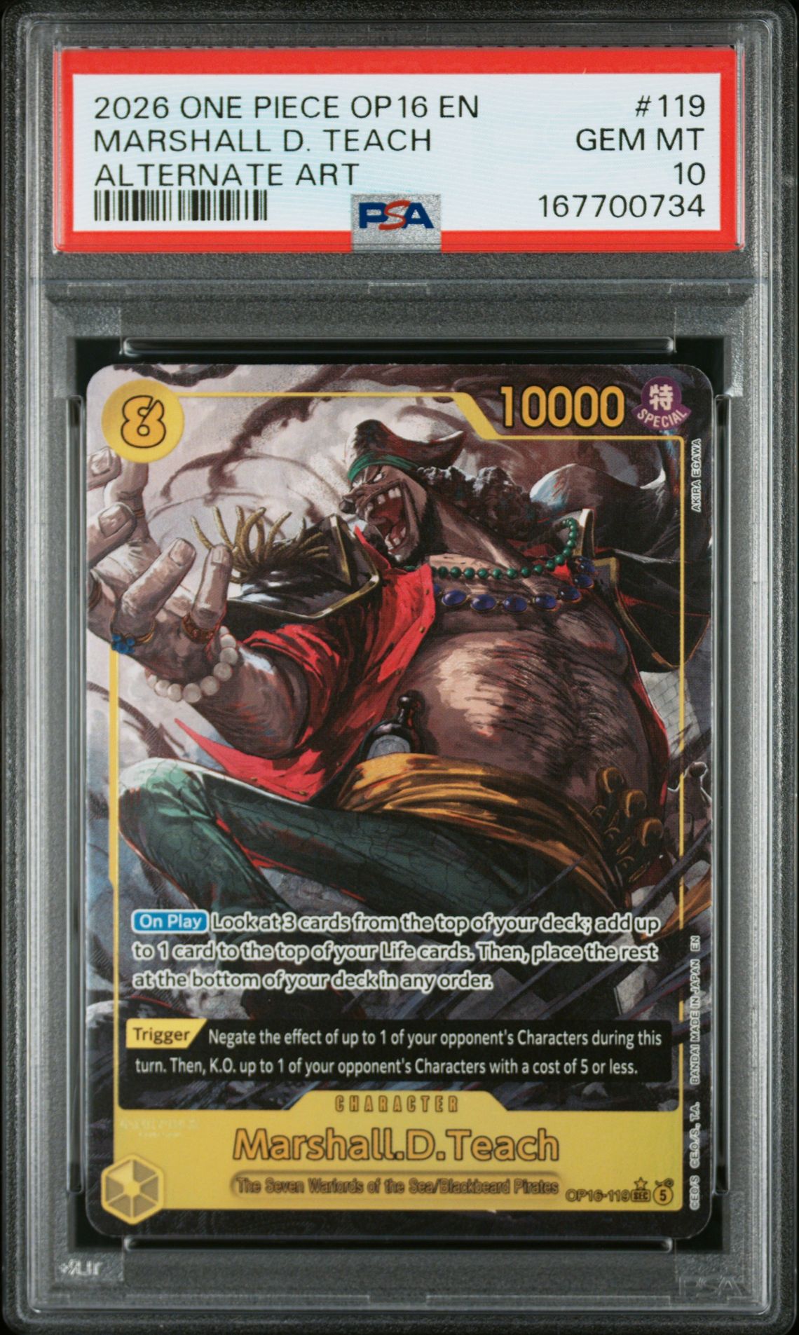 2026 One Piece Op16-The Time Of Battle Marshall D. Teach #119 (Alternate Art) Gem Mt 10 front view - PSA graded GEM MT 10
