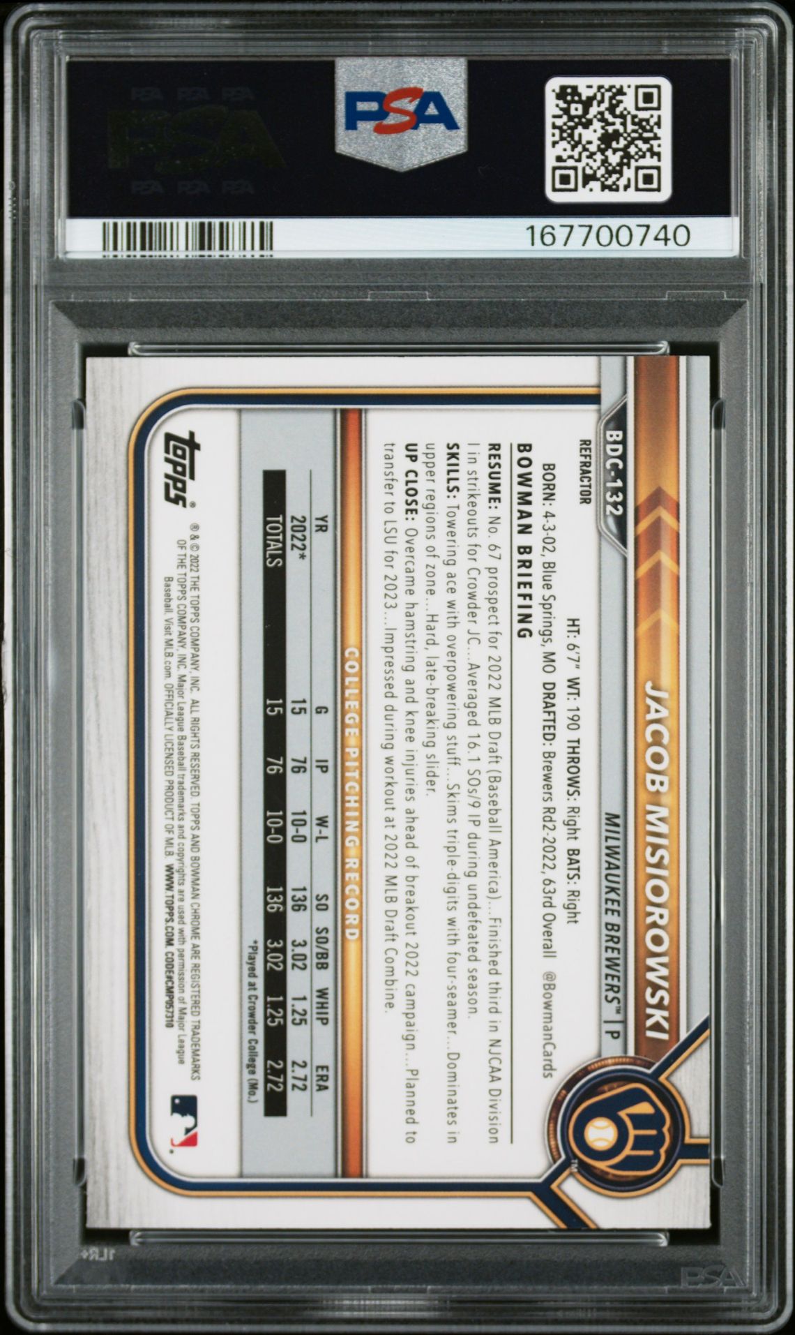 2022 Bowman Draft Jacob Misiorowski #Bdc132 (Chrome-Refractor) Mint 9 back
