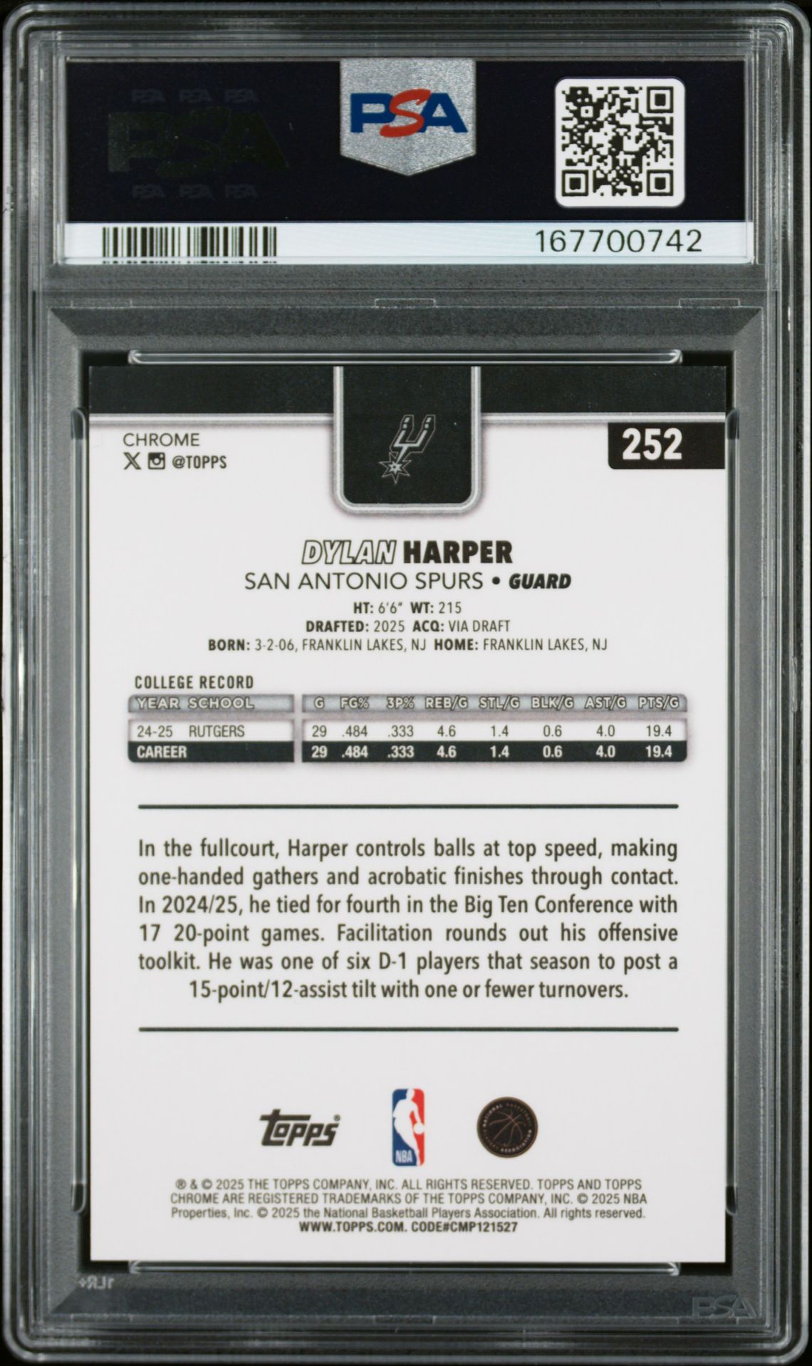 2025 Topps Chrome Dylan Harper #252 (Blue X-Fractor) Mint 9 back