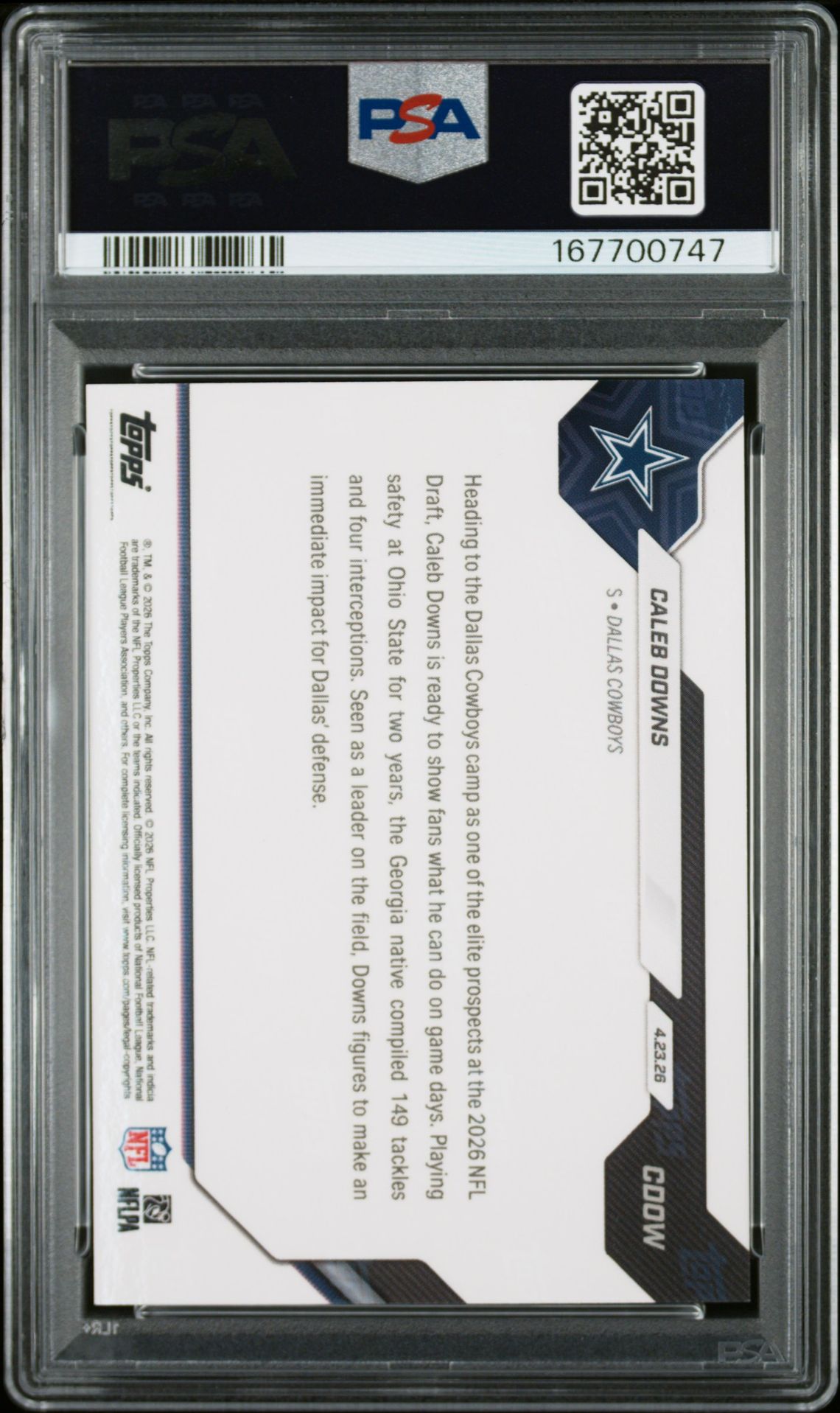 2026 TOPPS NOW CALEB DOWNS  CDOW GEM MT 10 back