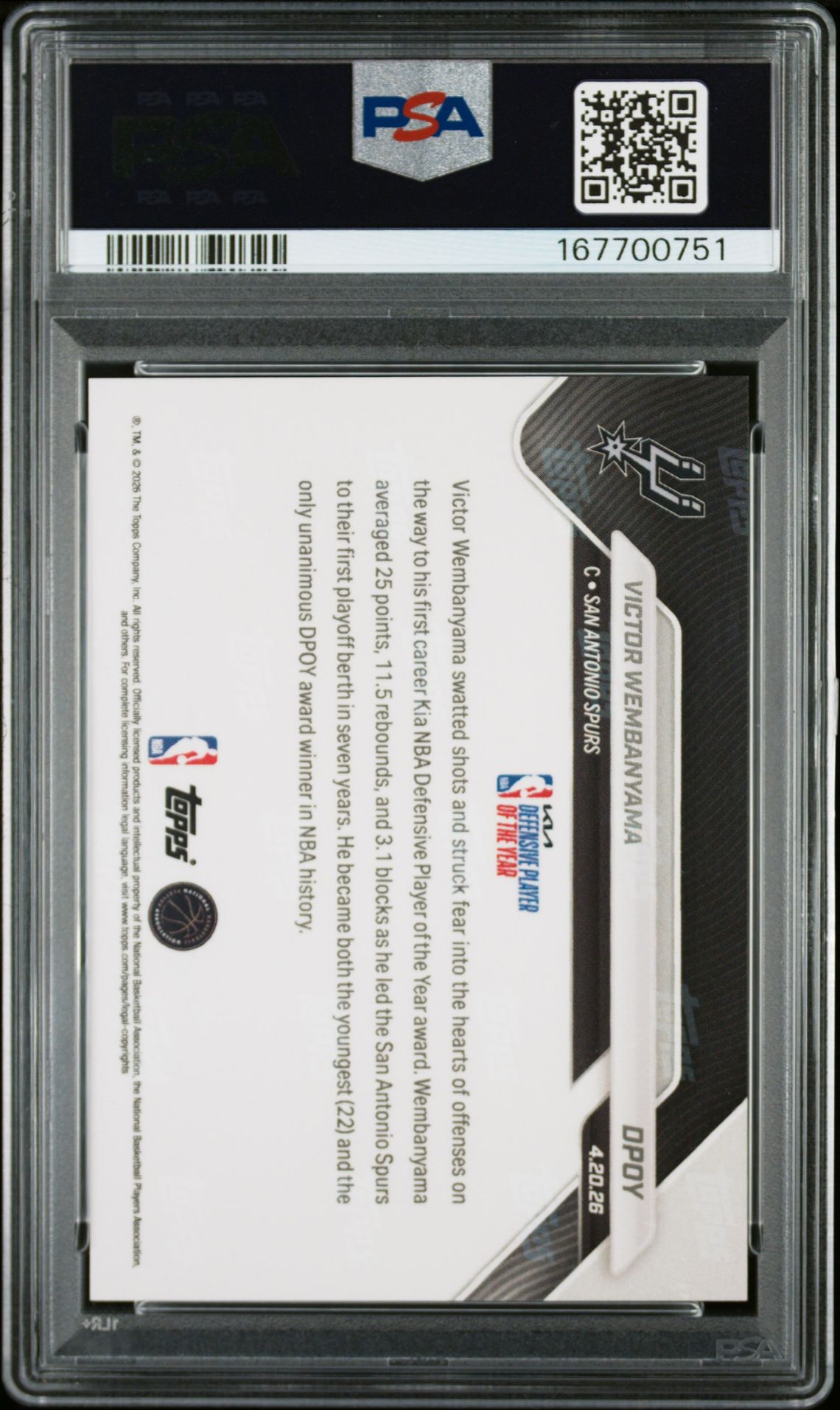 2025 Topps Now Victor Wembanyama #Dpoy Gem Mt 10 back view - PSA certificate #167700751