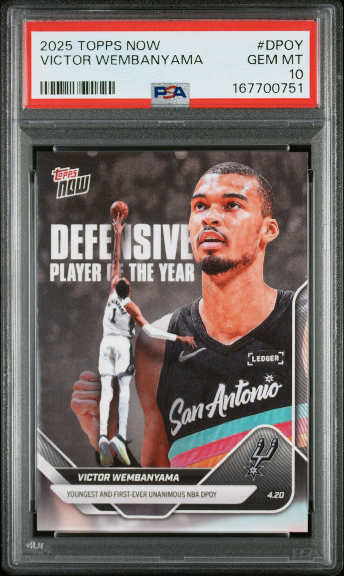 2025 Topps Now Victor Wembanyama #Dpoy Gem Mt 10 front view - PSA graded GEM MT 10