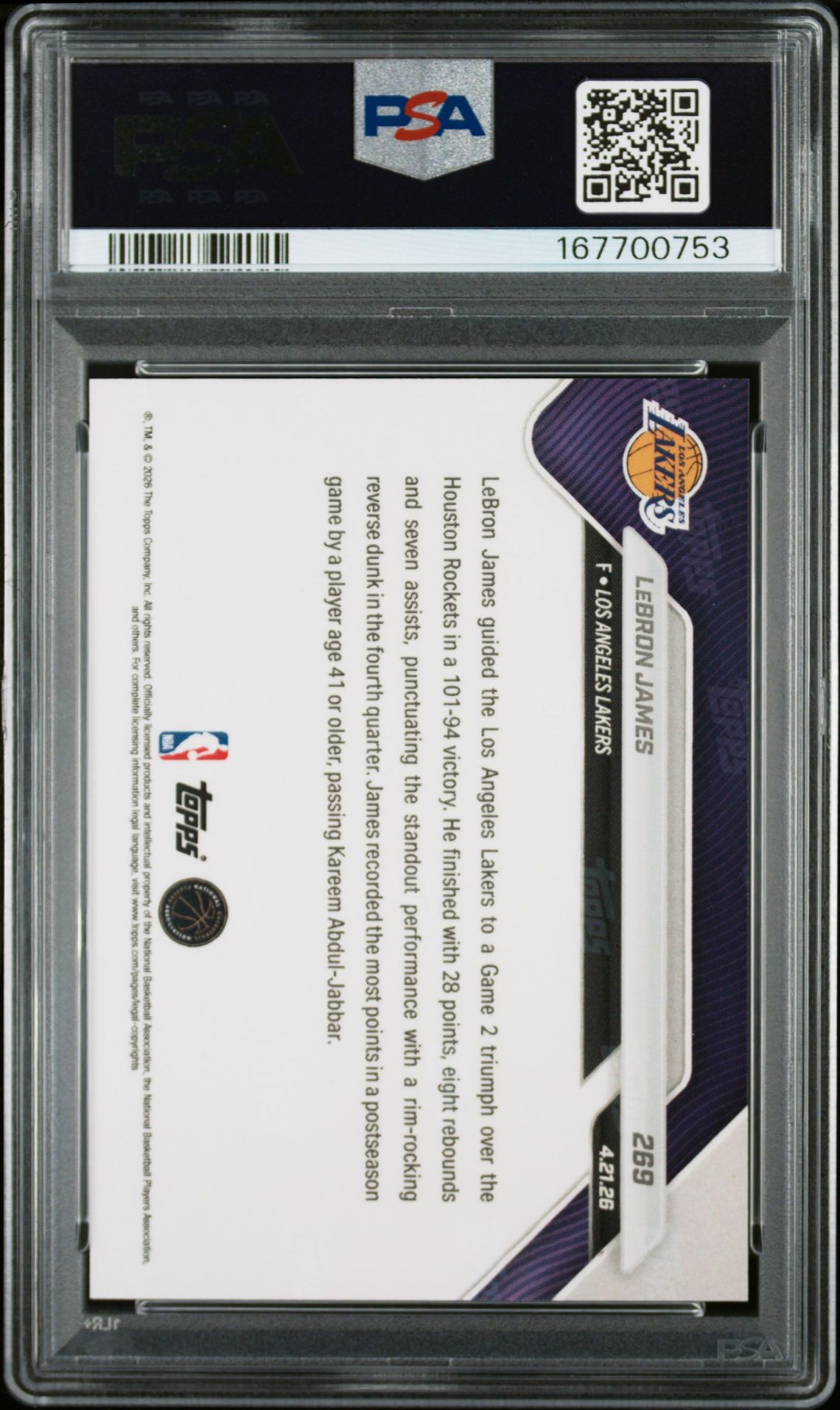 2025 Topps Now Lebron James #269 Gem Mt 10 back