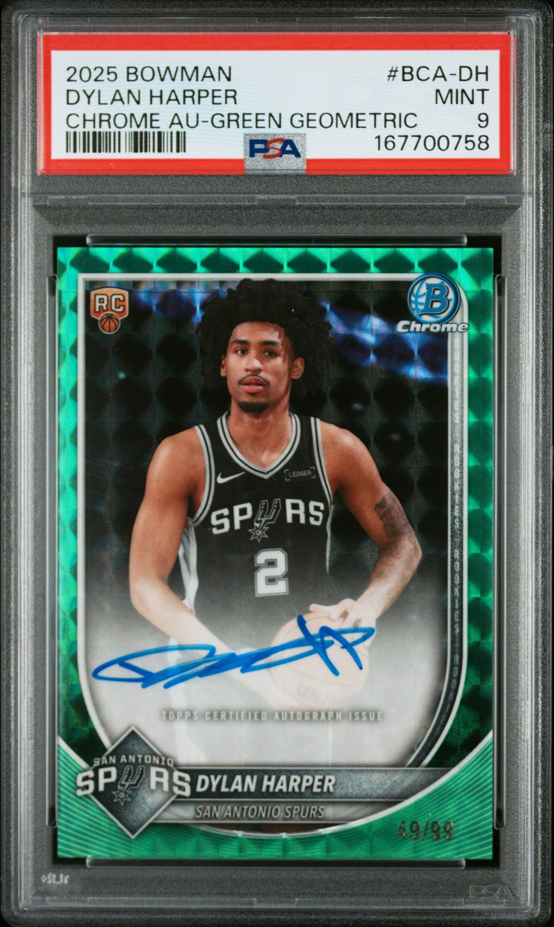 2025 Bowman Chrome Autographs Dylan Harper #Bca-Dh (Chrome Au-Green Geometric) Mint 9 front