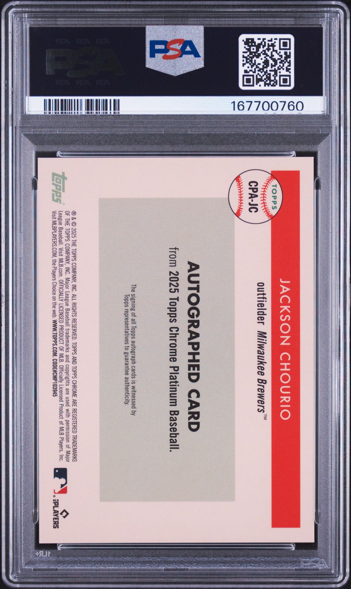 2025 Topps Chrome Platinum Anniversary Autographs Jackson Chourio #Jc (Au-Plat Toile Cream/Blue Ref) Mint 9 back