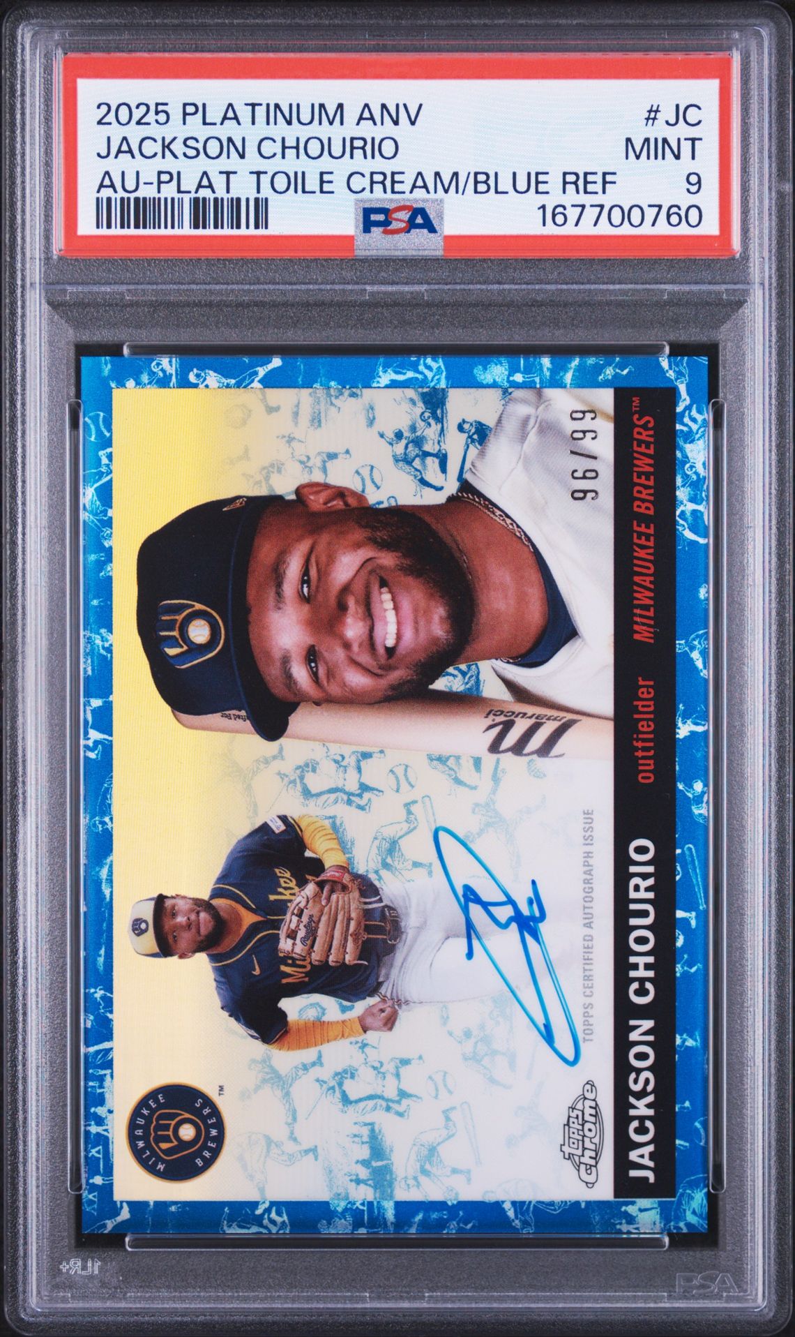 2025 Topps Chrome Platinum Anniversary Autographs Jackson Chourio #Jc (Au-Plat Toile Cream/Blue Ref) Mint 9 front