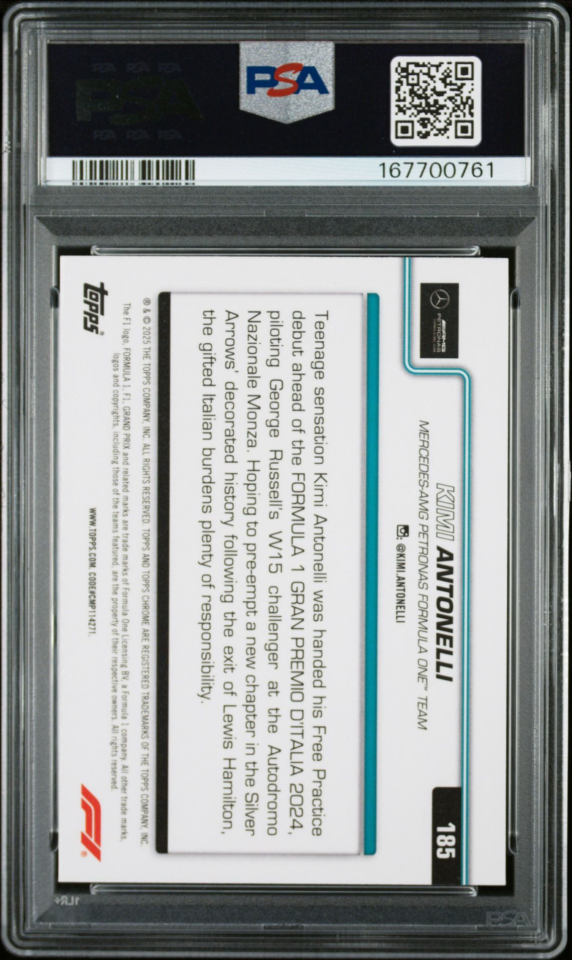 2025 Topps Chrome Formula 1 Kimi Antonelli #185 (Black And White Lazer) Gem Mt 10 back view - PSA certificate #167700761