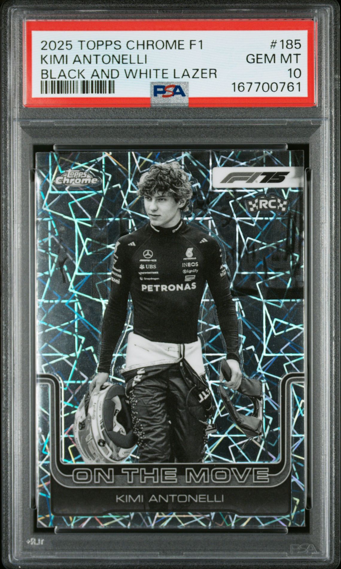 2025 Topps Chrome Formula 1 Kimi Antonelli #185 (Black And White Lazer) Gem Mt 10 front view - PSA graded GEM MT 10