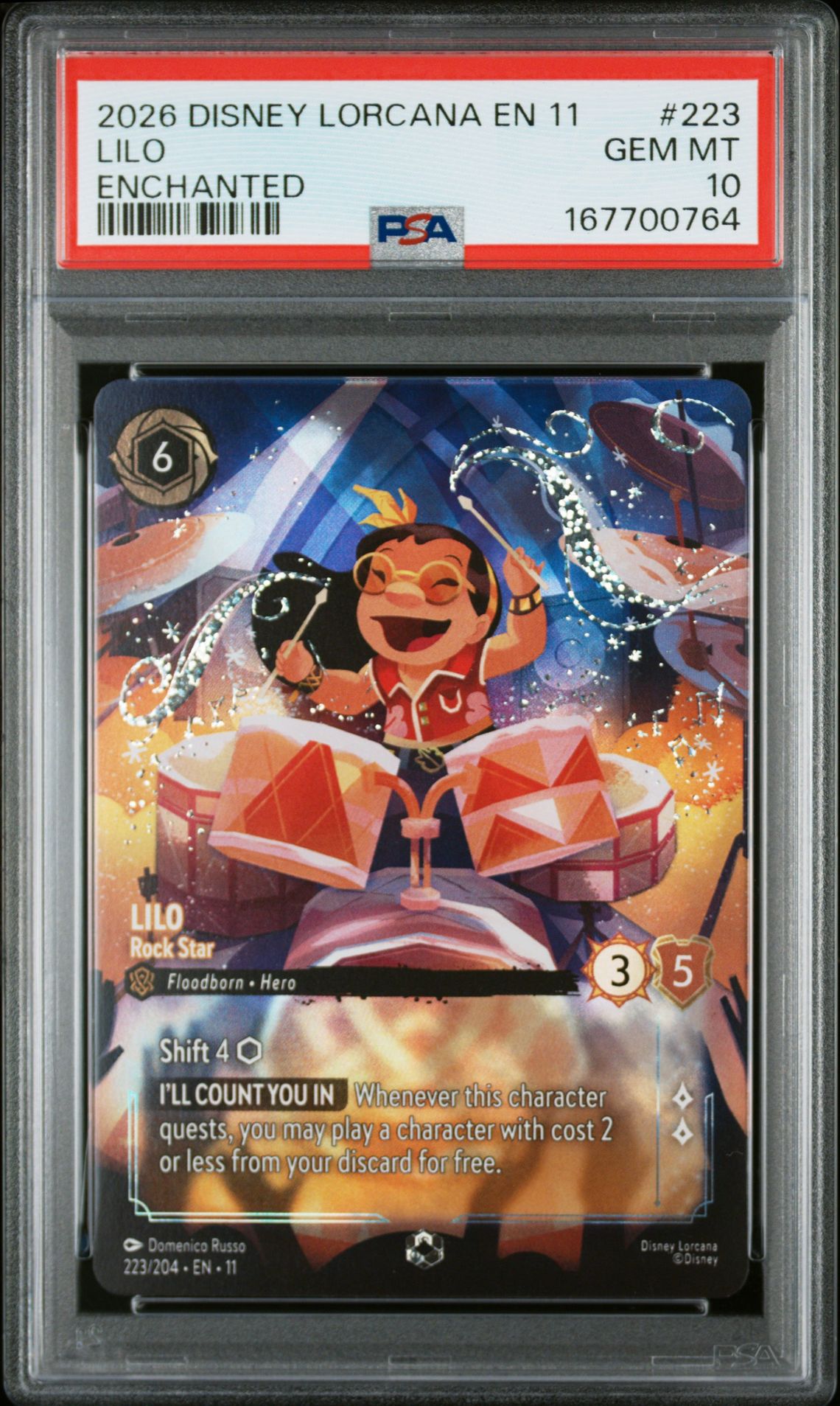 2026 DISNEY LORCANA EN 11-WINTERSPELL LILO ENCHANTED 223 GEM MT 10 front