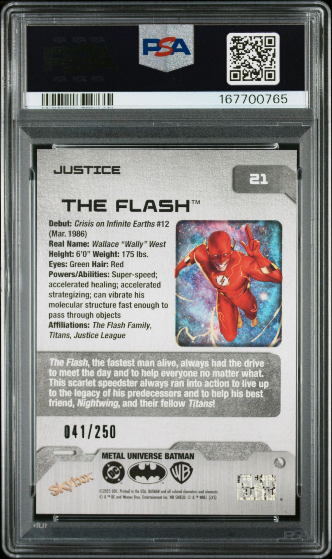 2025 Skybox Metal Universe Batman The Flash #21 (Justice) Gem Mt 10 back view - PSA certificate #167700765