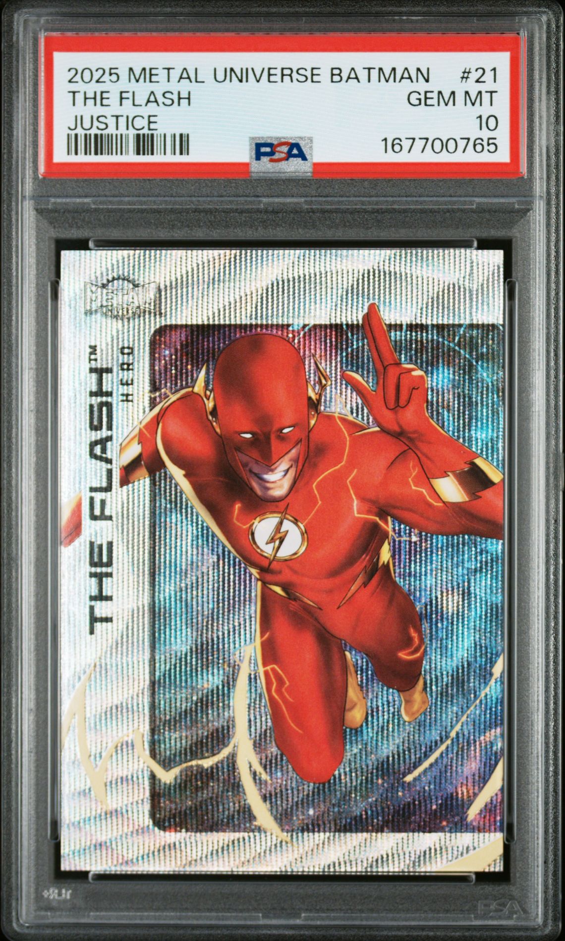 2025 Skybox Metal Universe Batman The Flash #21 (Justice) Gem Mt 10 front view - PSA graded GEM MT 10