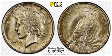 1921 $1 High Relief, Peace MS64