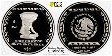 1993-Mo 5 Peso Anciano con brasero T-2 Mo Above Date PR69DCAM