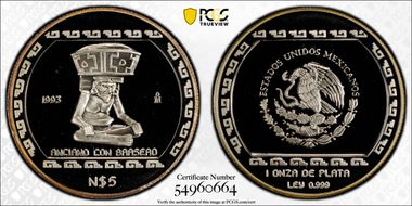 1993-Mo 5 Peso Anciano con Brasero T-1 Mo Right Obv. Field PR69DCAM