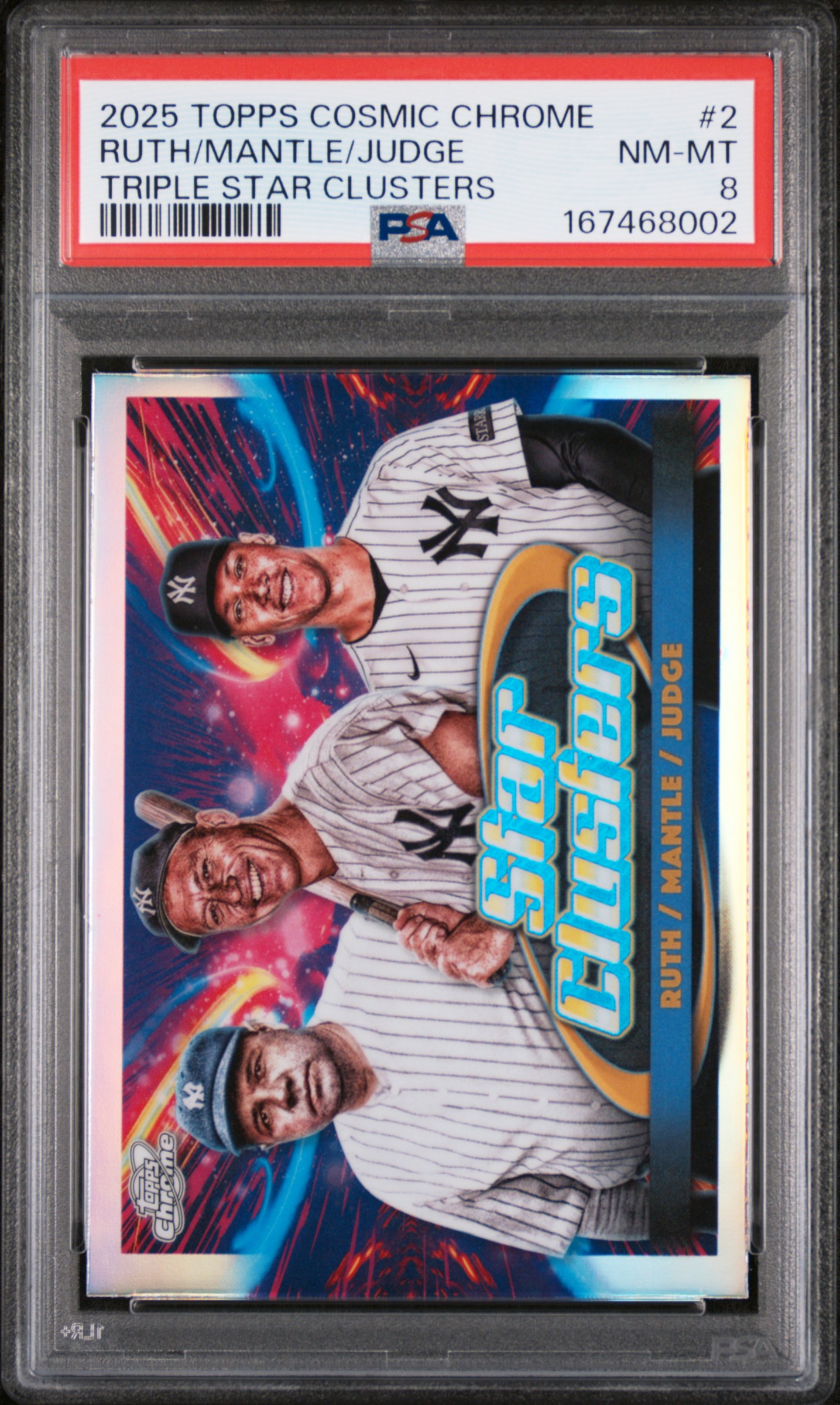 2025 #2 Aaron Judge/Babe Ruth/Mickey Mantle PSA 8 Topps Cosmic Chrome Triple Star Clusters