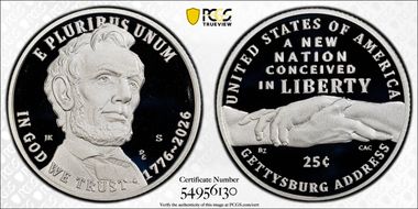 2026-S 25C Gettysburg Address Ag First Strike PR70DCAM