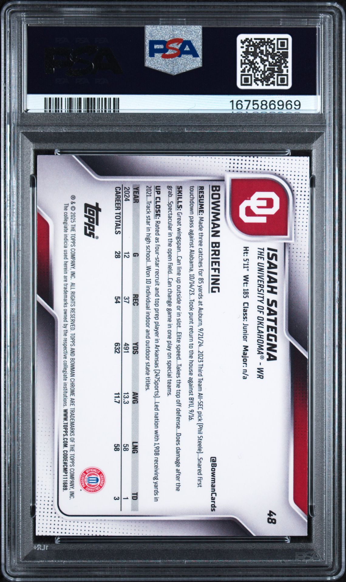 2025 Bowman University Chrome Isaiah Sategna #48 (Yellow Refractor) Mint 9 back