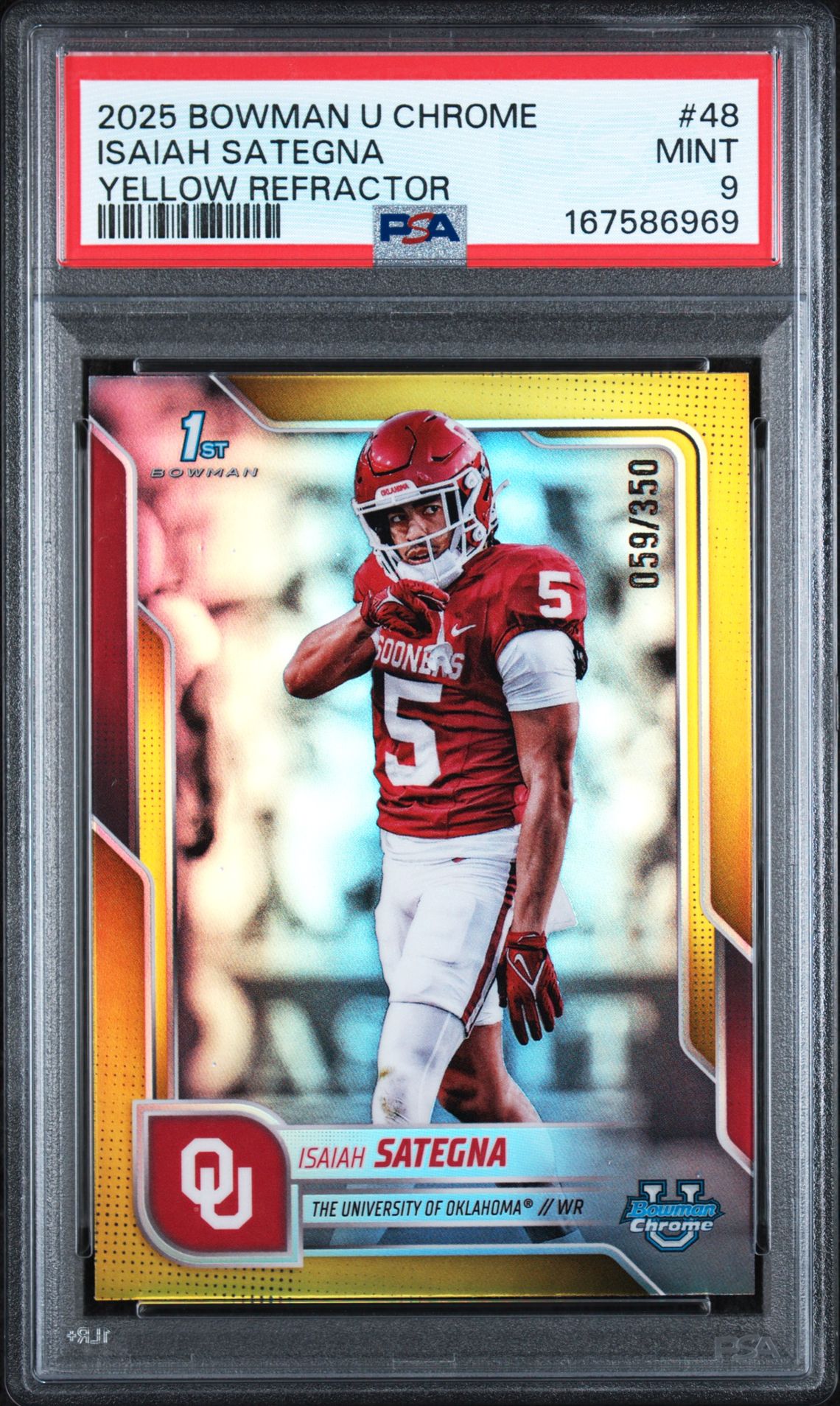 2025 Bowman University Chrome Isaiah Sategna #48 (Yellow Refractor) Mint 9 front