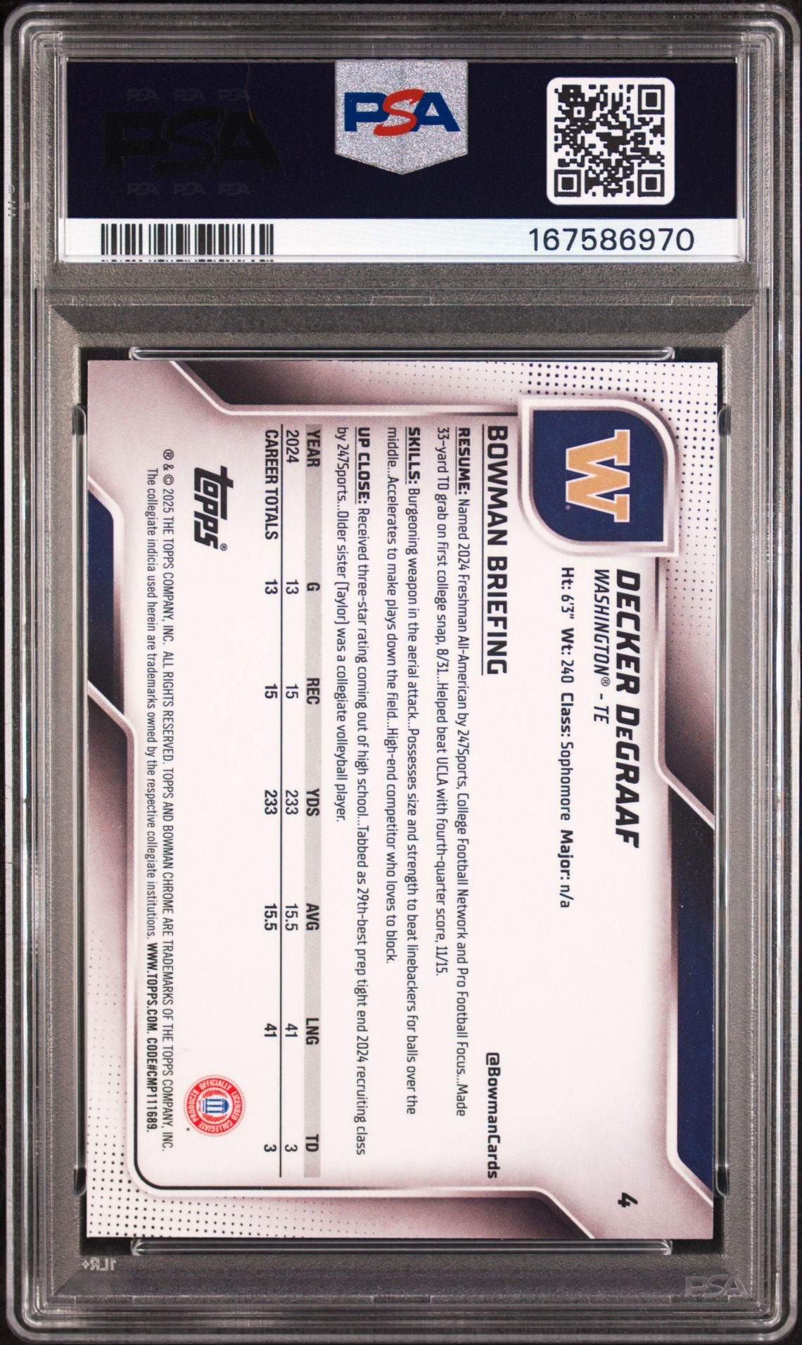 2025 Bowman University Chrome Decker Degraaf #4 (Yellow Refractor) Mint 9 back