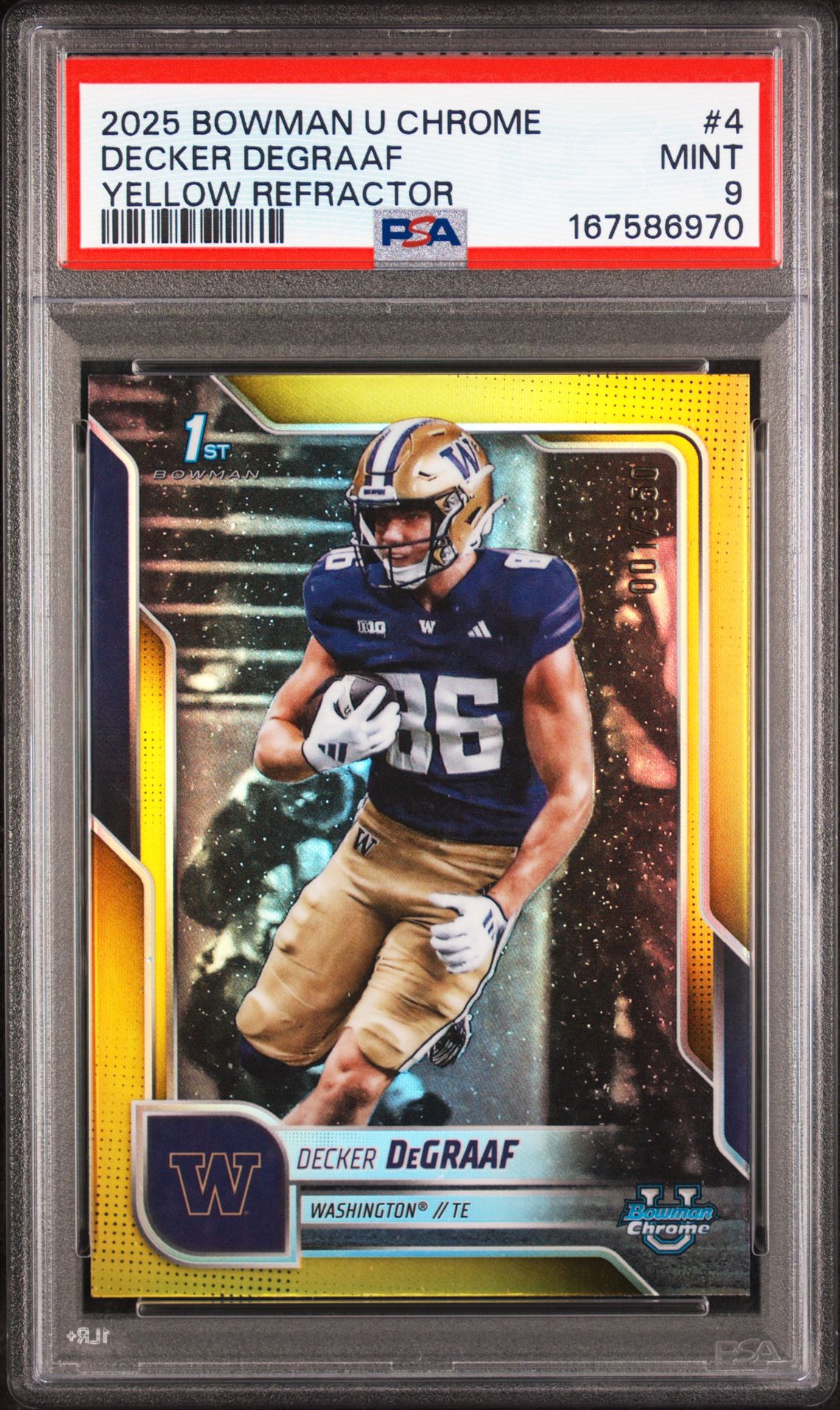 2025 Bowman University Chrome Decker Degraaf #4 (Yellow Refractor) Mint 9 front