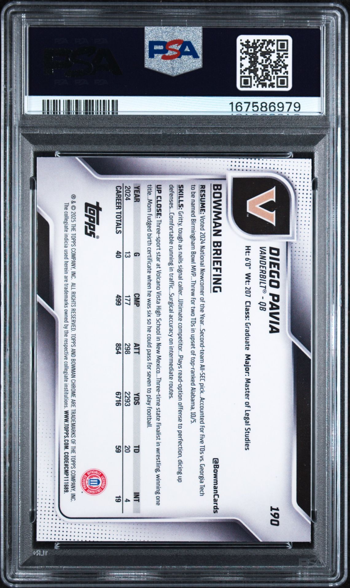 2025 Bowman University Chrome Diego Pavia #190 (Pink Lava) Mint 9 back