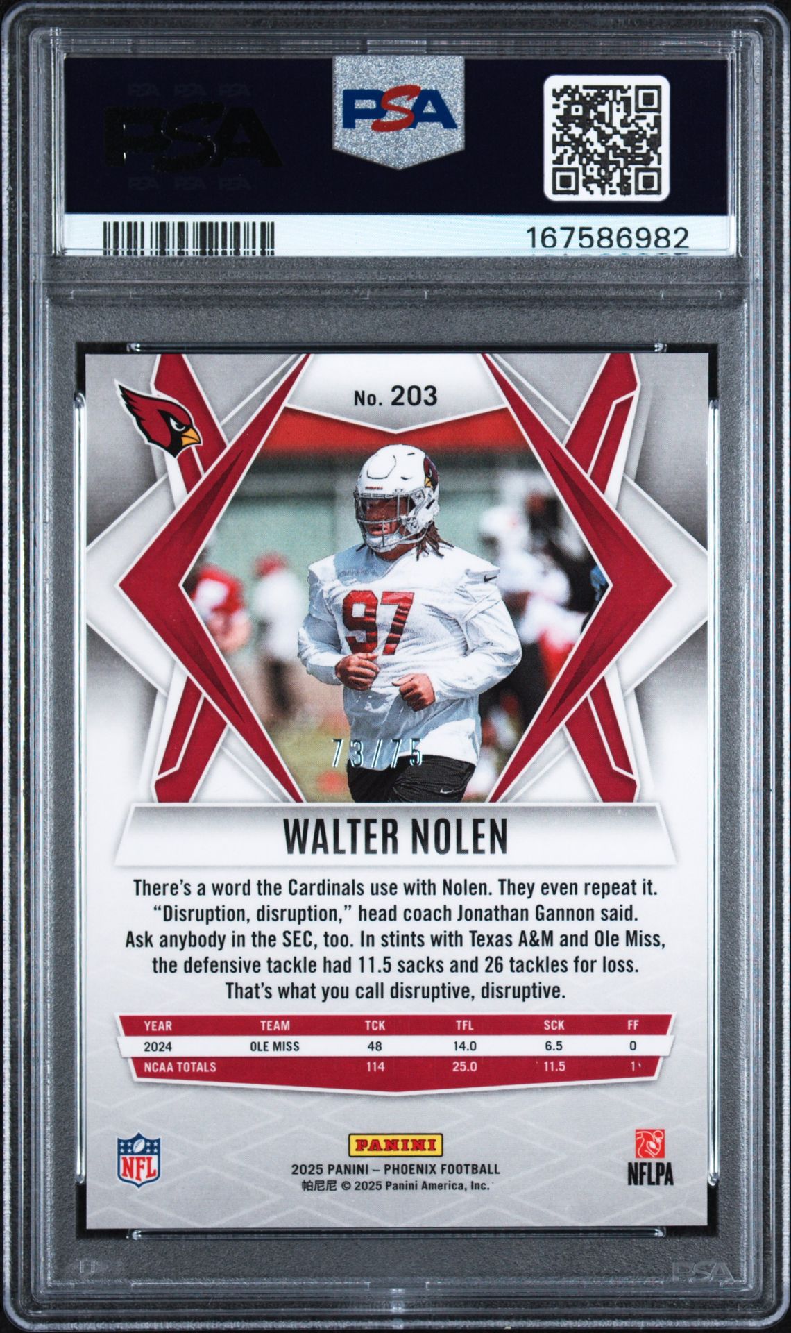 2025 Panini Phoenix Walter Nolen #203 (Ash Lava) Gem Mt 10 back view - PSA certificate #167586982