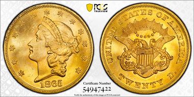 1865 $20 MS64+ 
