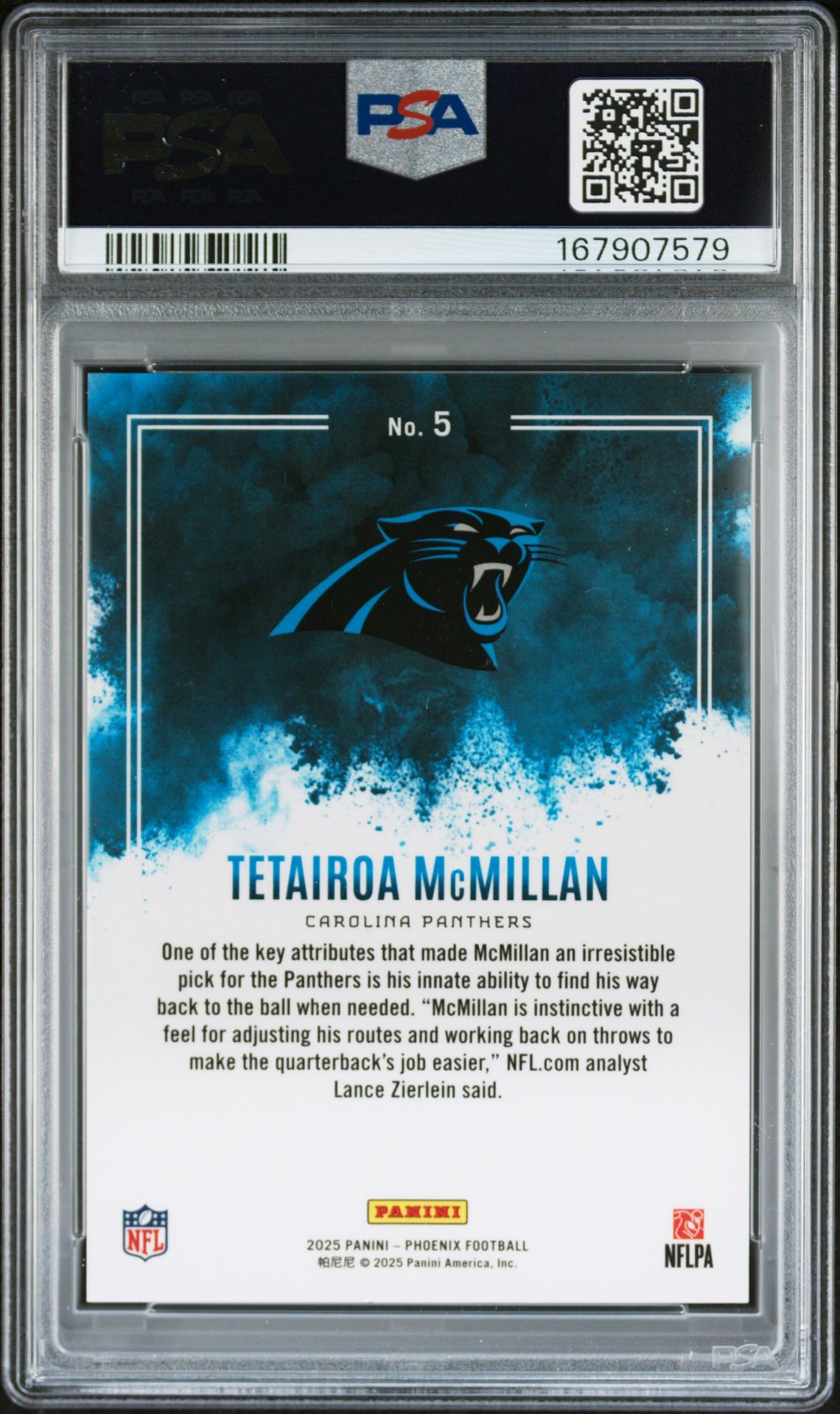 2025 Panini Phoenix Color Blast Tetairoa Mcmillan #5 Gem Mt 10 back view - PSA certificate #167907579
