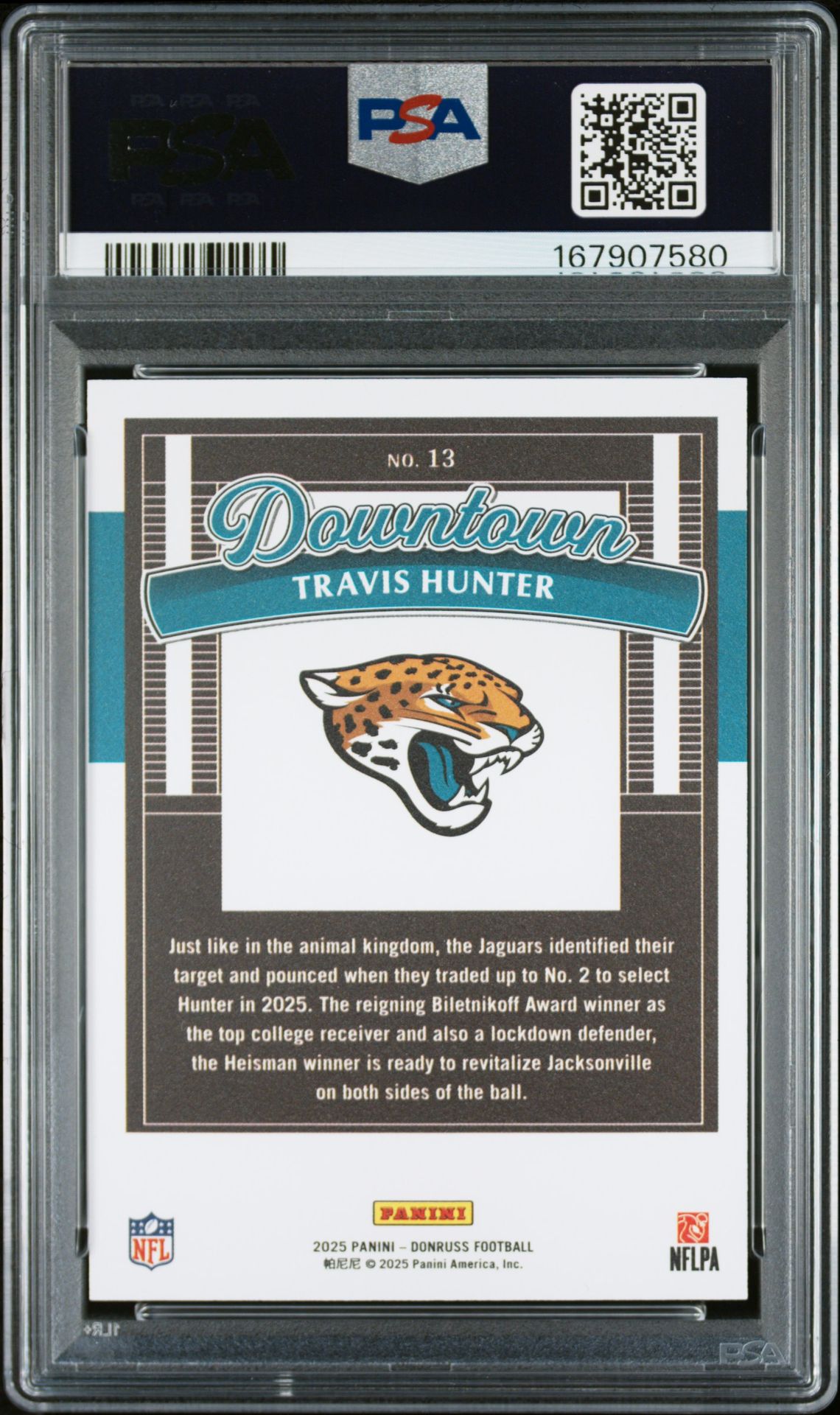 2025 PANINI DONRUSS DOWNTOWN TRAVIS HUNTER  13 GEM MT 10 back