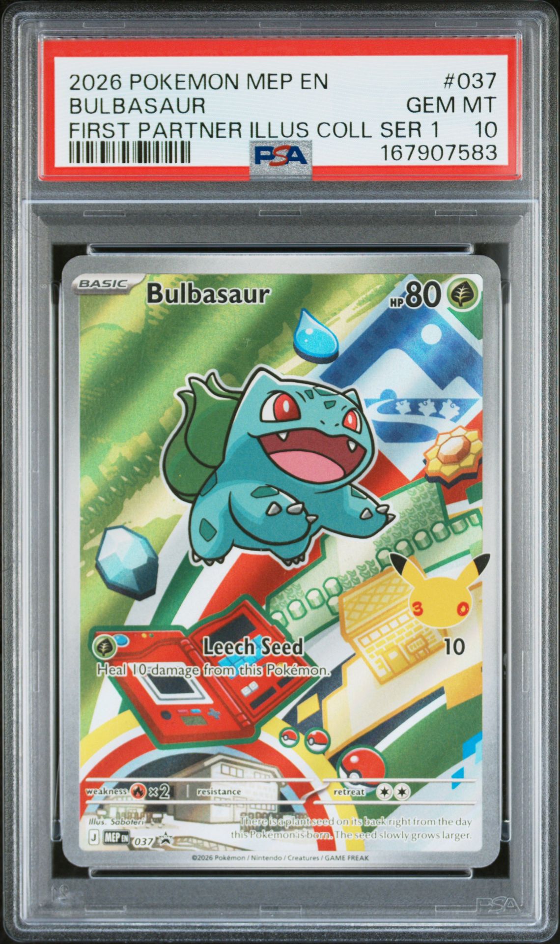 2026 Pokemon Mep En-Me Black Star Promo Bulbasaur #037 (First Partner Illus Coll Ser 1) Gem Mt 10 front view - PSA graded GEM MT 10